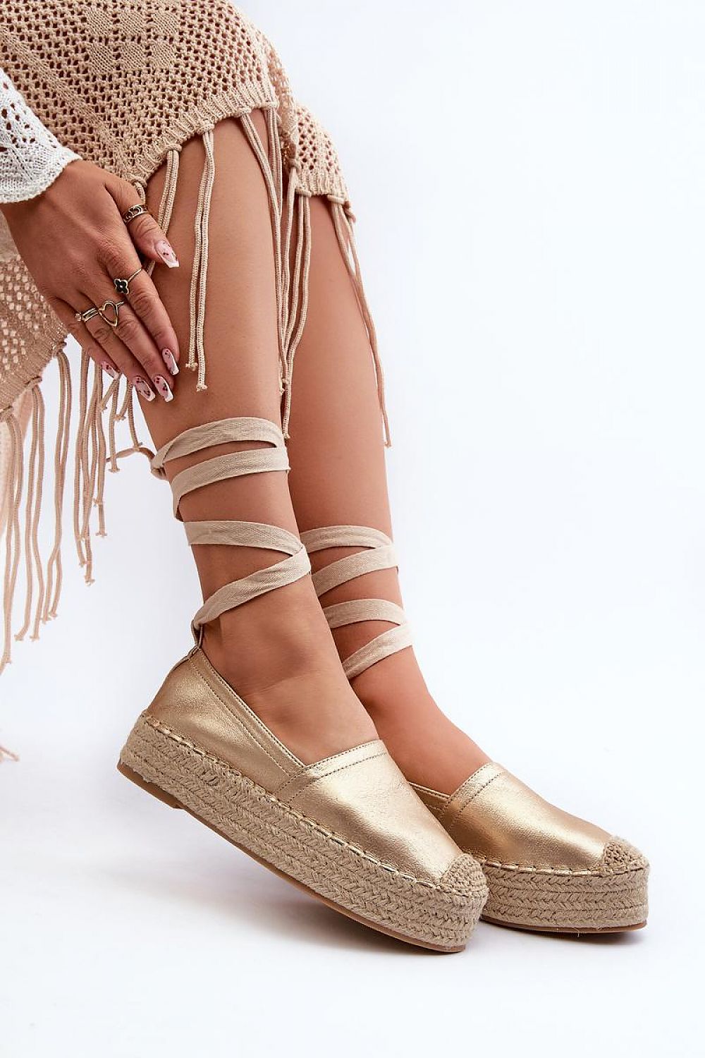 Women's Step in Style Gold Espadrille Platform Sandals with Lace-up Design