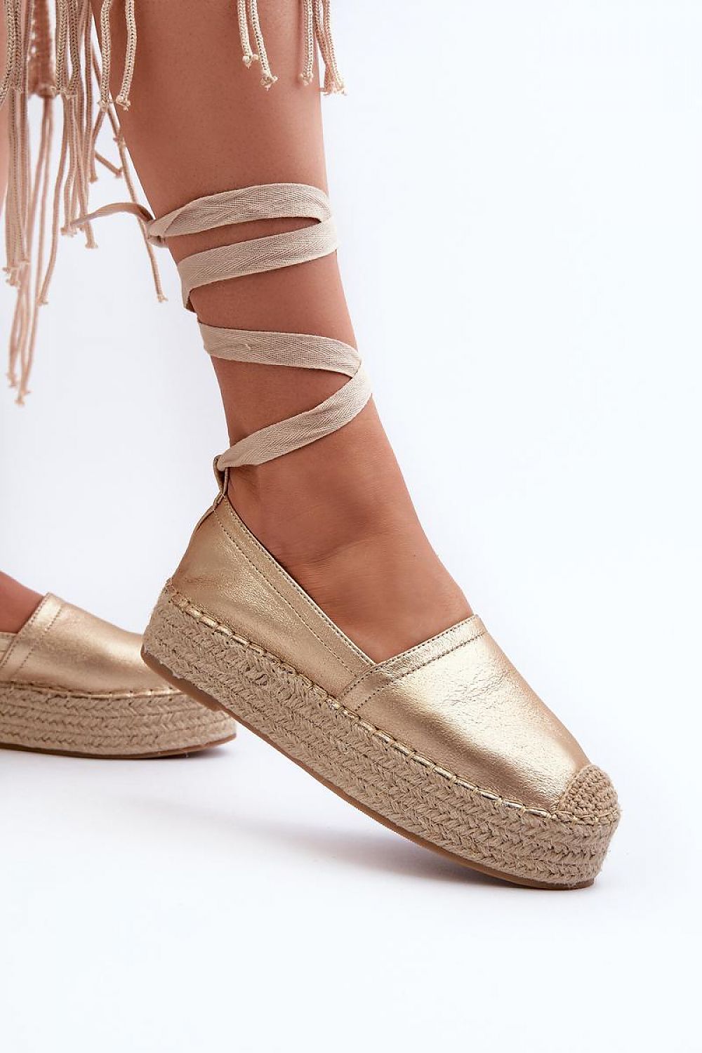 Women's Step in Style Gold Espadrille Platform Sandals with Lace-up Design