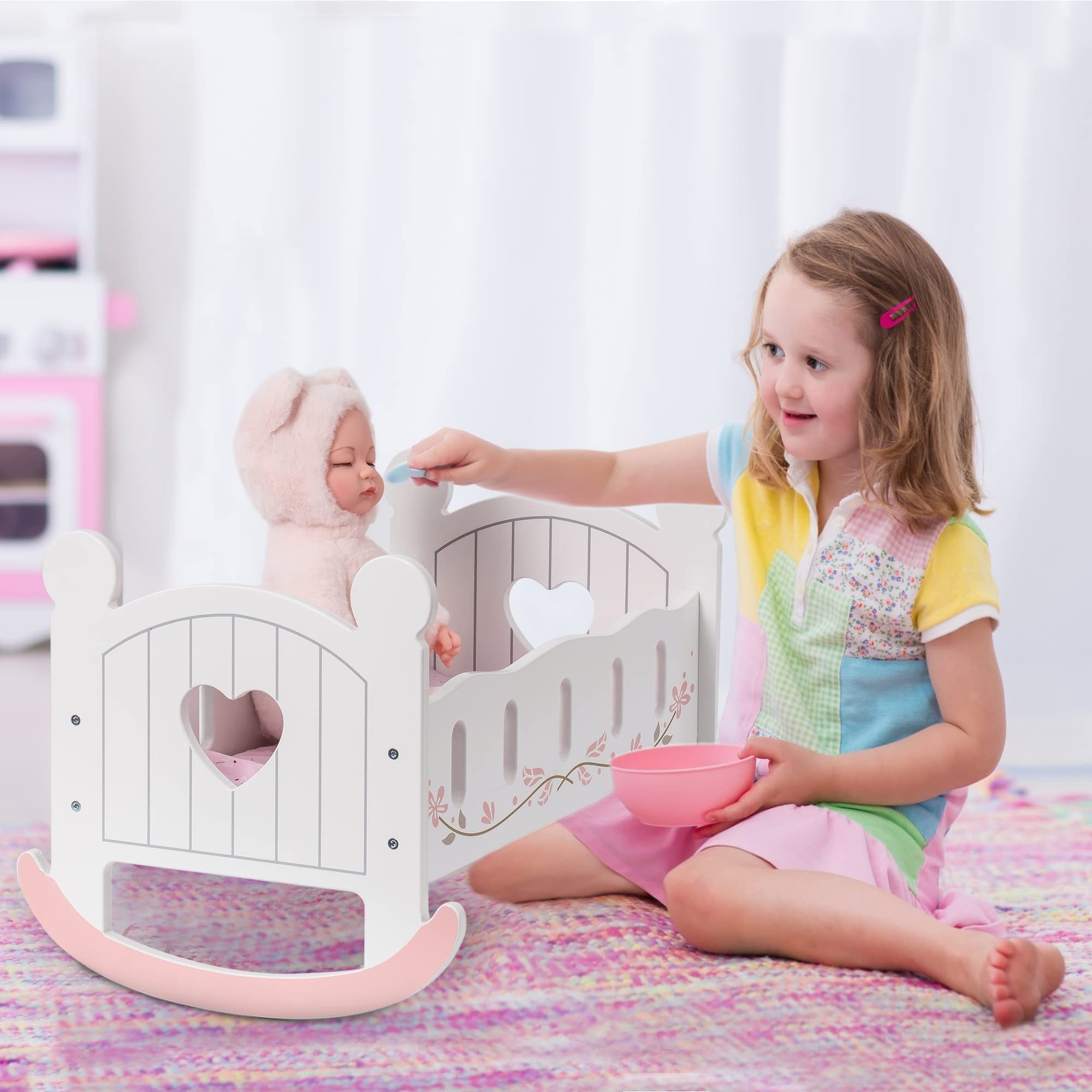 Wooden Doll Bed Cradle with Bedding For Dolls Up to 18 Inches