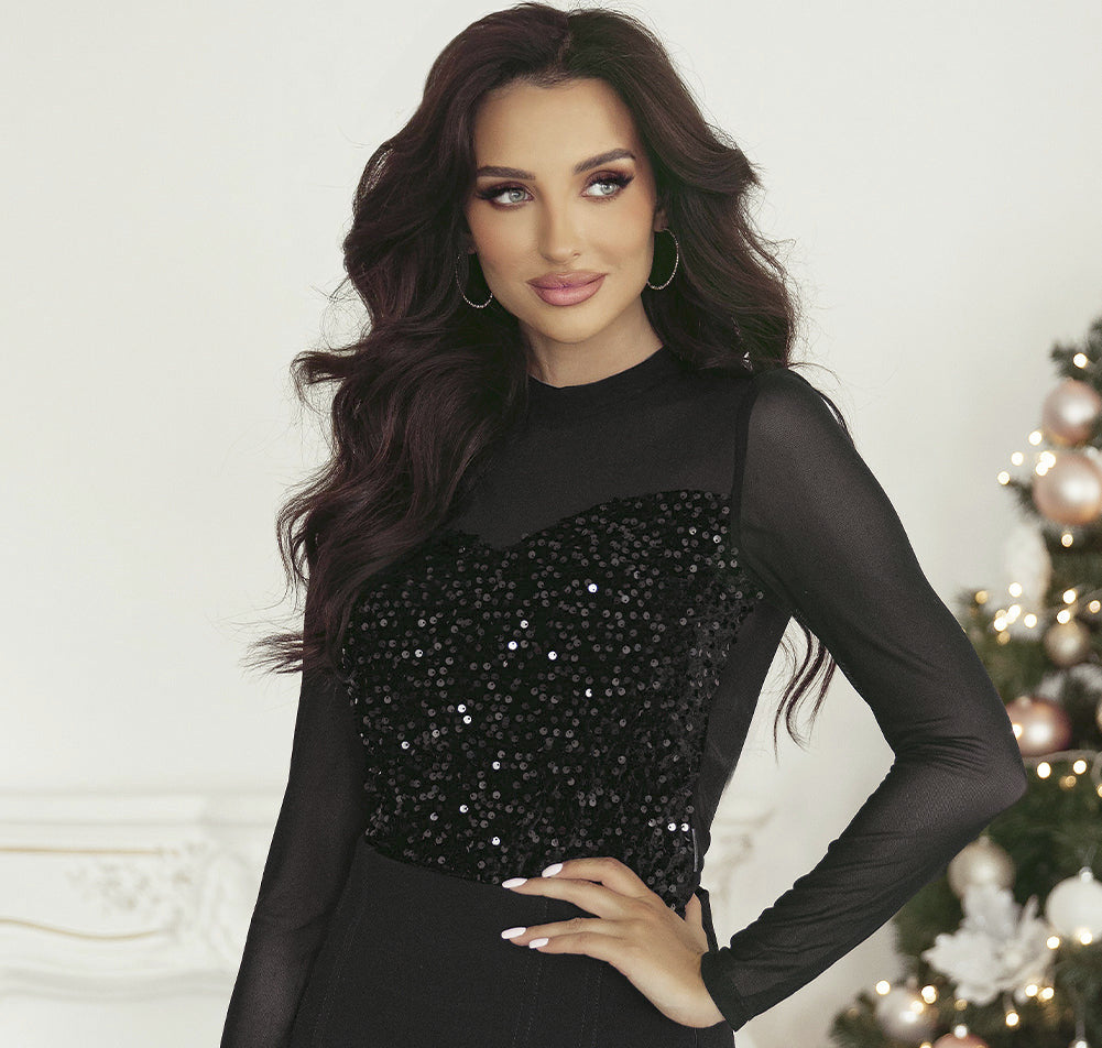 Black Sequin Velvet Sheer Mesh Mock Neck Blouse