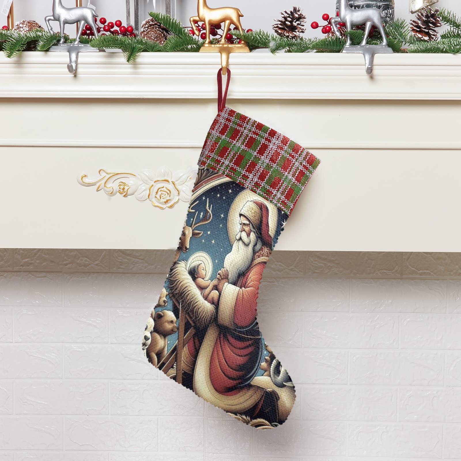Santa with Baby Jesus Sequin Christmas Stocking (Made in USA)