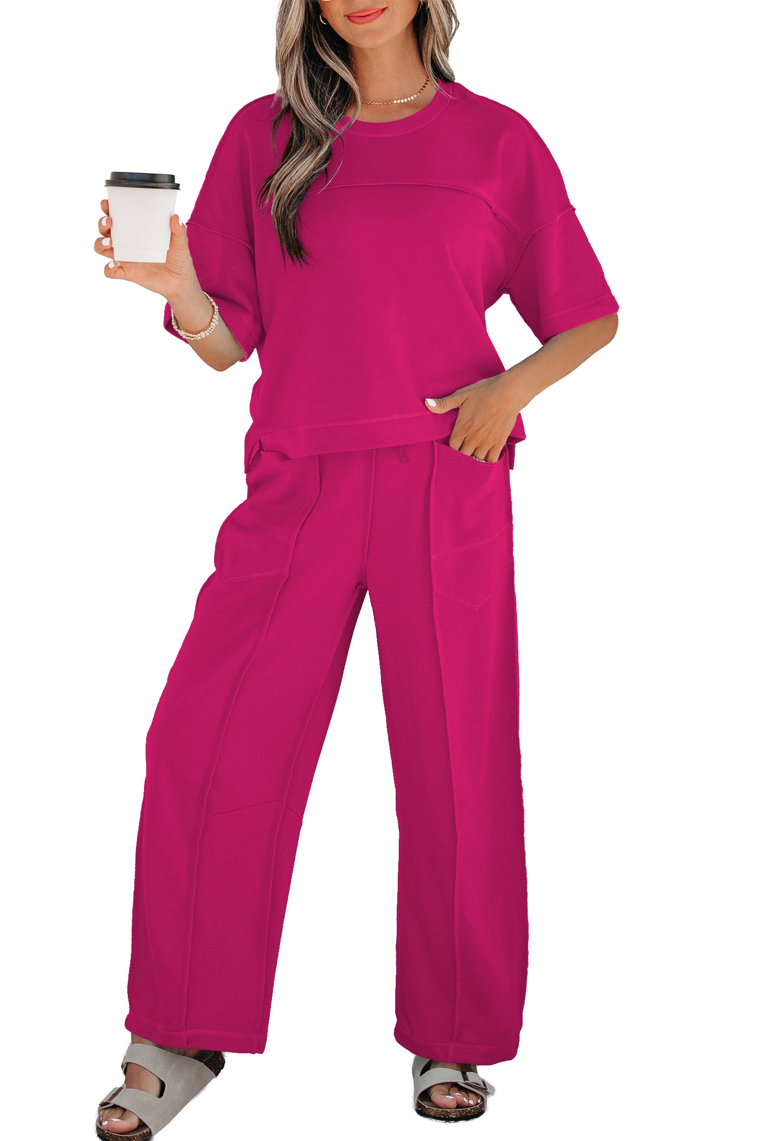 Rose Red Drop Shoulder Boxy Tee and Barrel Pants Set