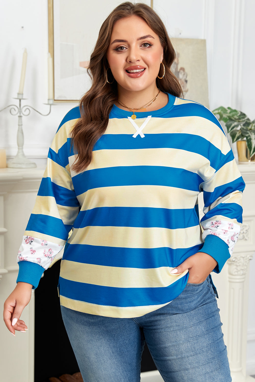 Women's Plus Size Blue Stripe Colorblock Drop Shoulder Top