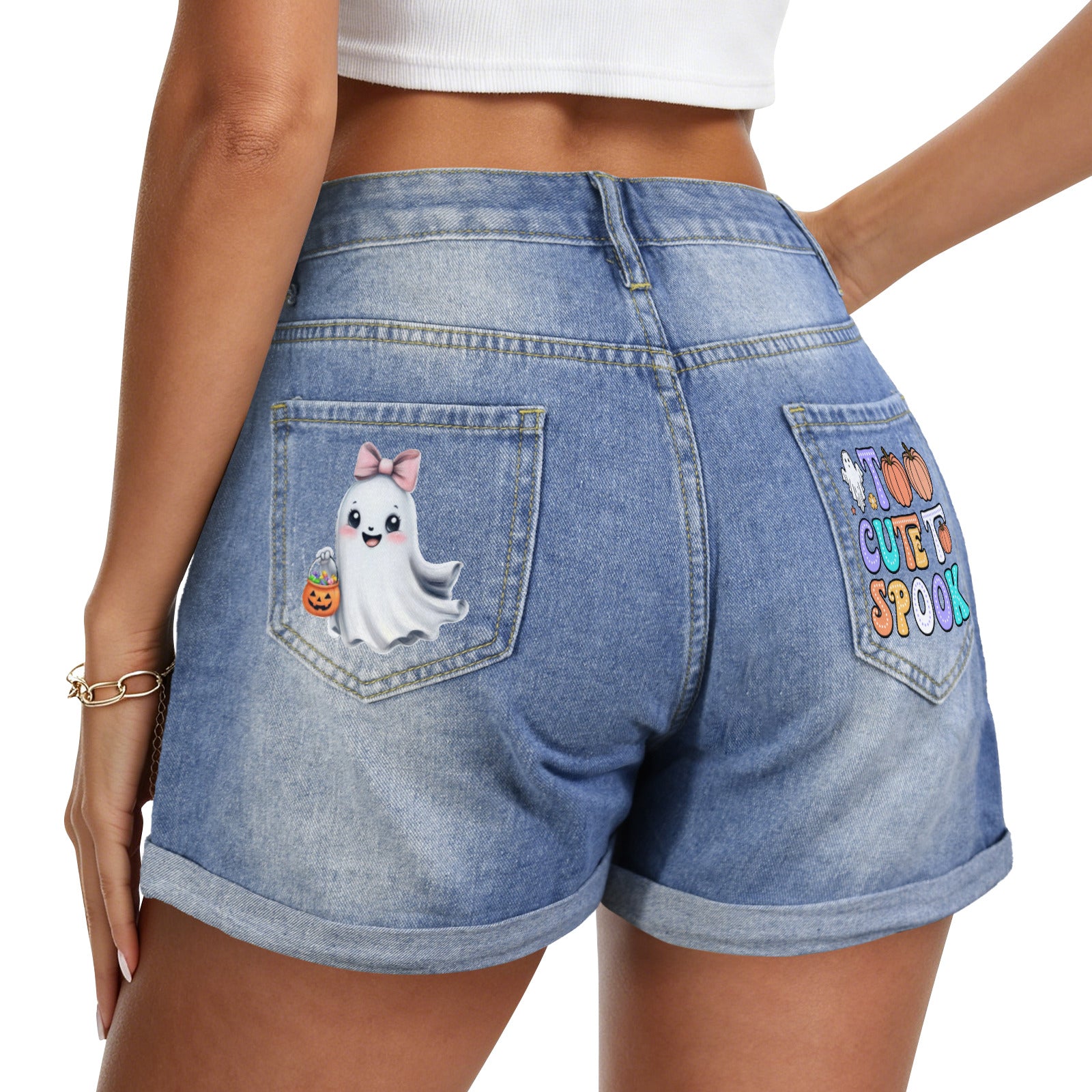 Too Cute to Spook Ghost Light-Wash Blue Denim Shorts (Dual Pockets Print)