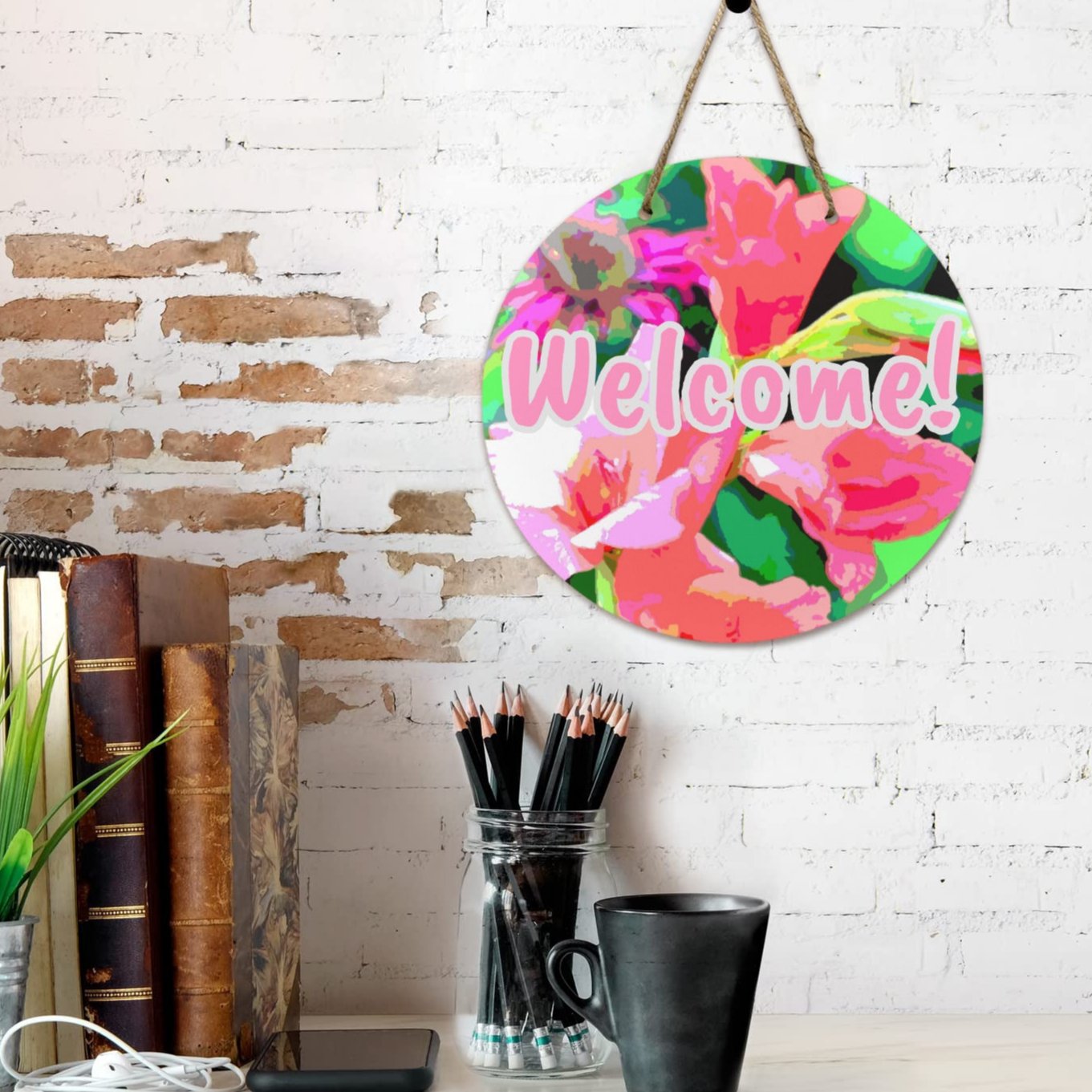 Pink Flowers Welcome Round Wooden Door Sign 11.8'' (Made in USA)