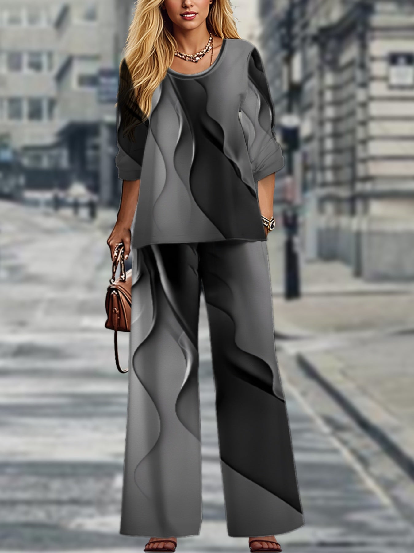 Vibrant  Geometric Plus Size Long Sleeve Top  Pants Set