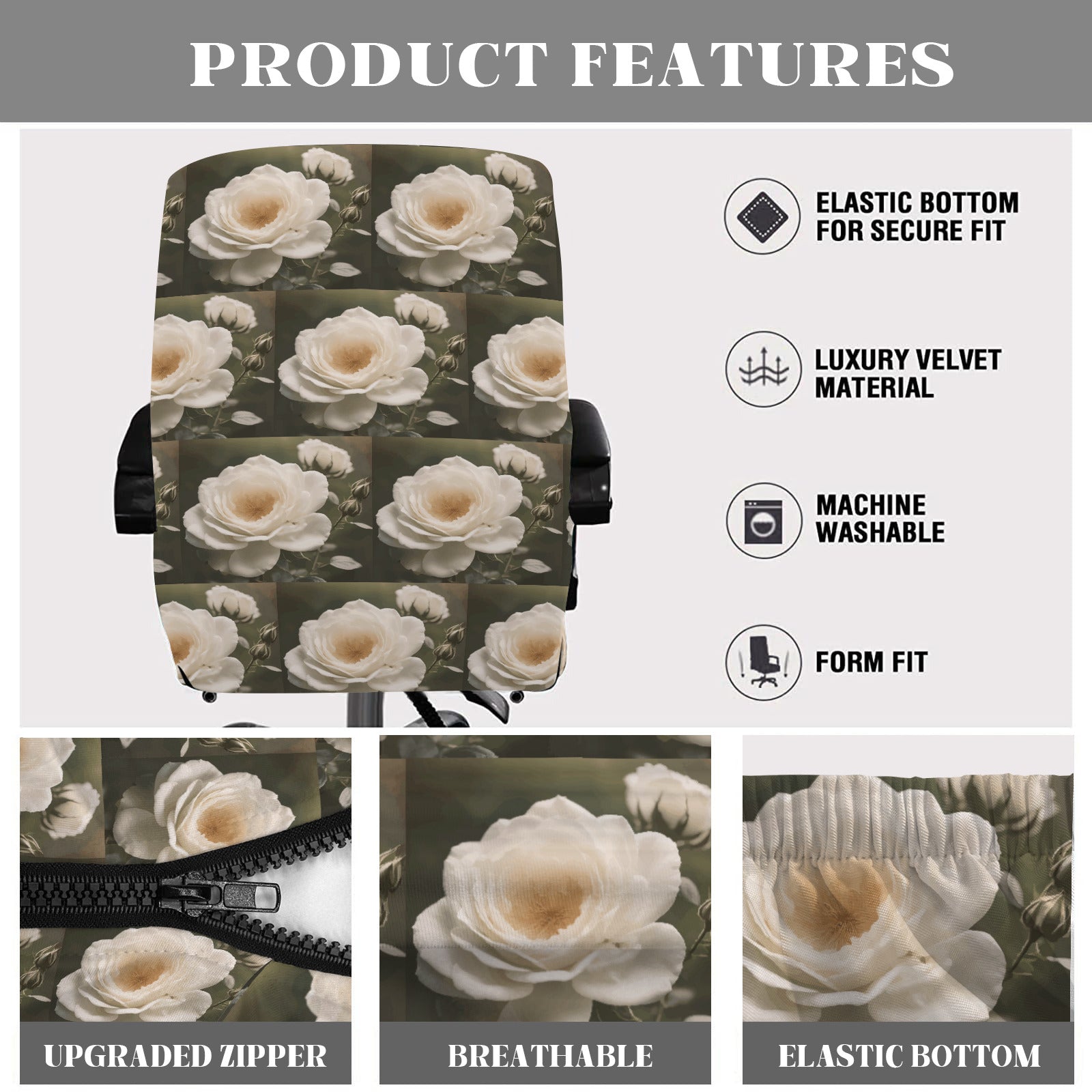 White Roses Office Chair Cover  | Ships from USA