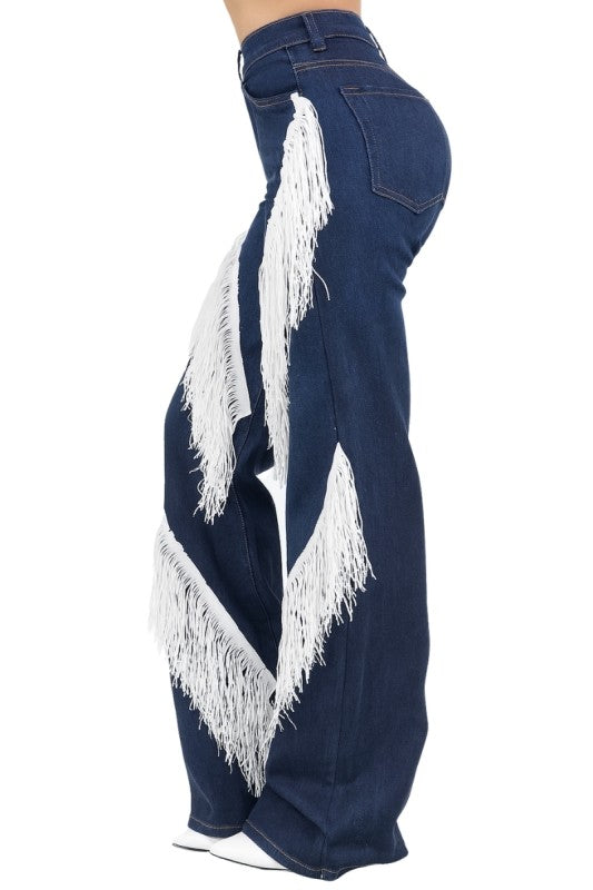 Western Fringe Wide Leg Jean- White Fringe