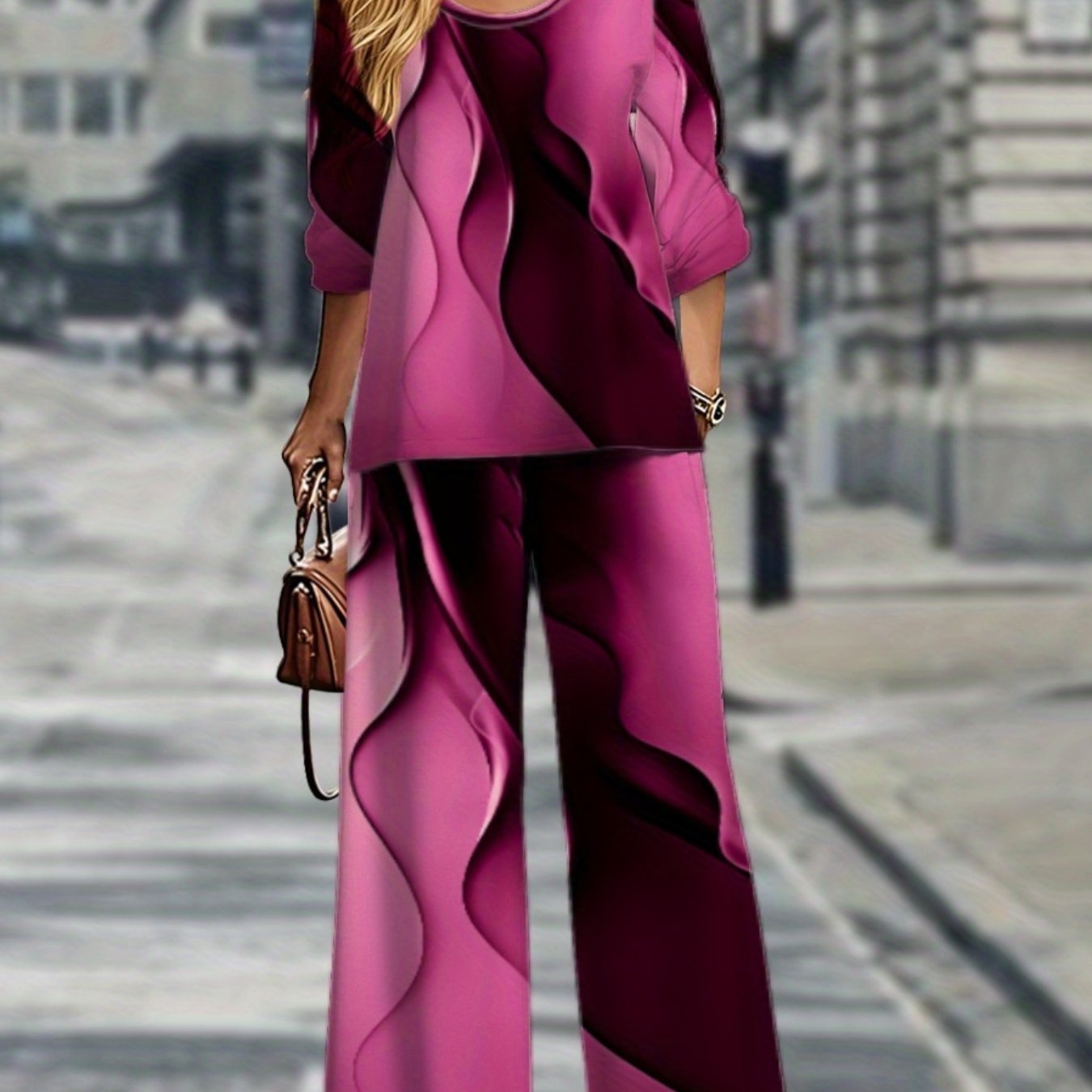 Vibrant  Geometric Plus Size Long Sleeve Top  Pants Set