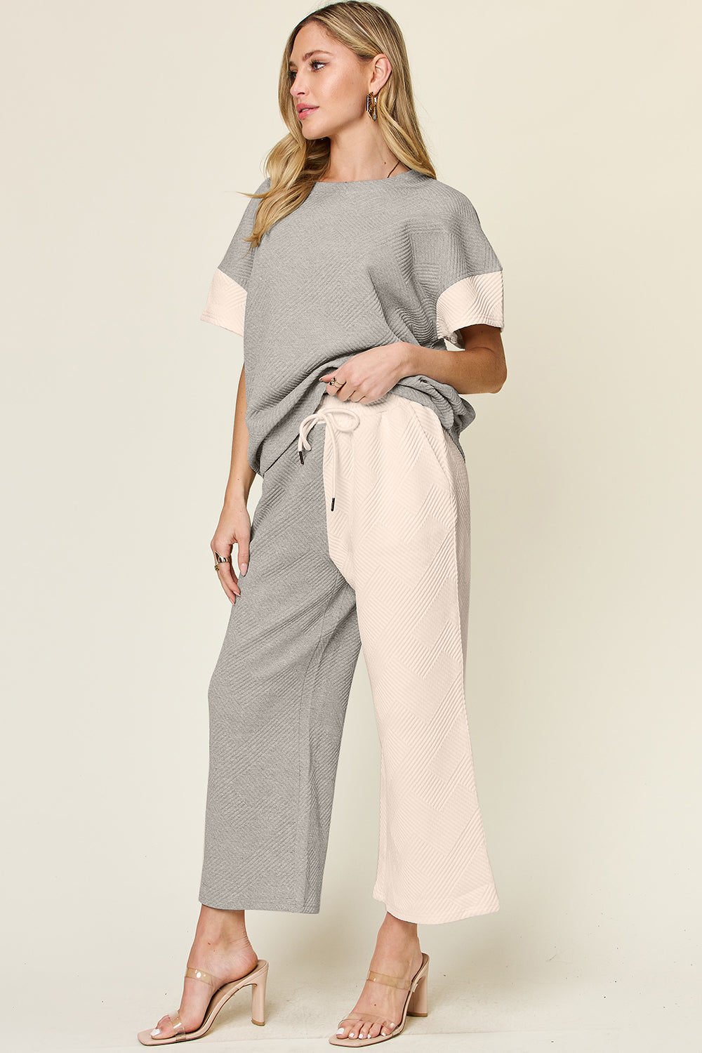 Double Take Full Size Texture Contrast Shirt and Pants Outfit