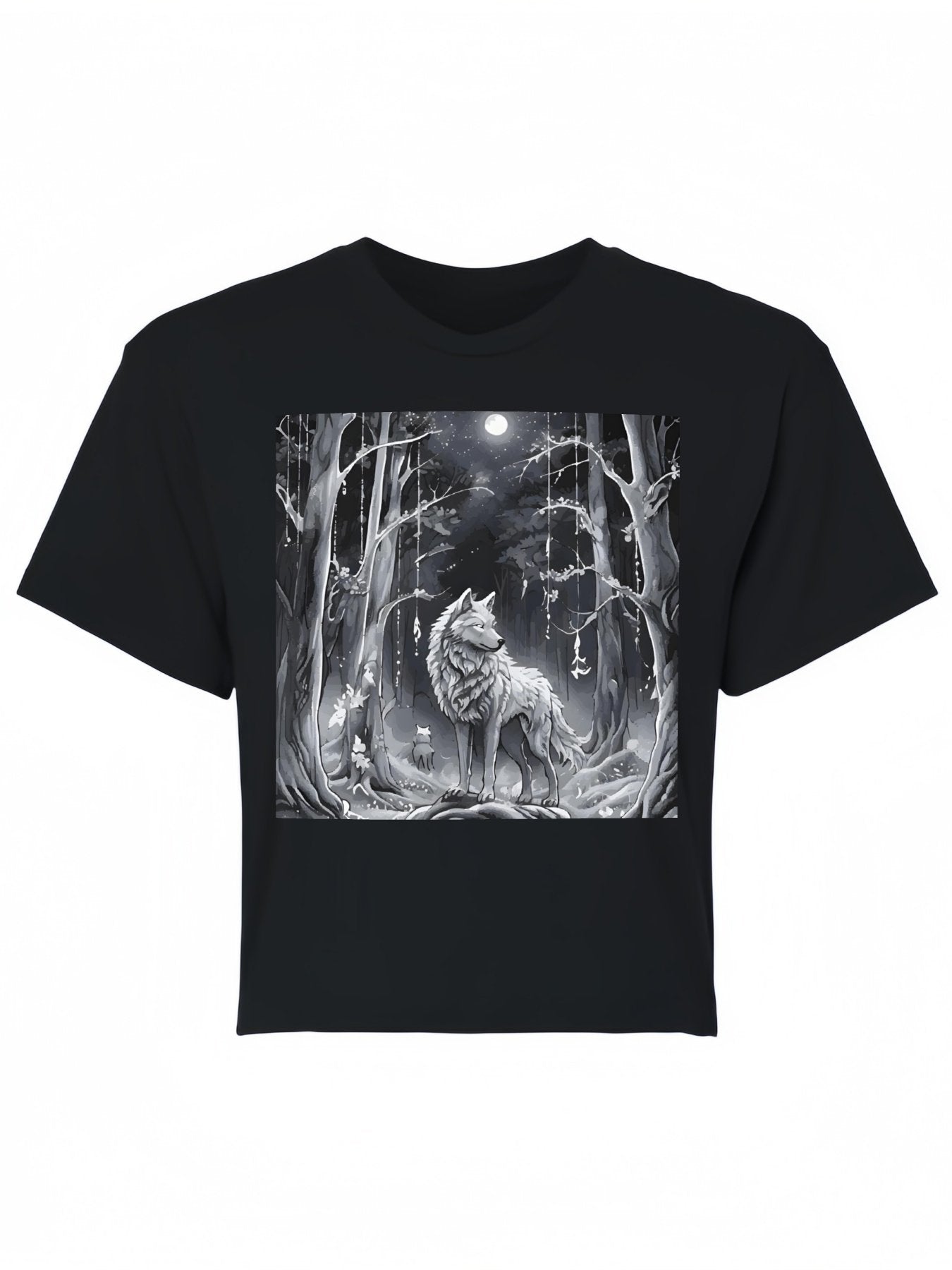 Ethereal Wolf in the Moonlight Cotton Crop Top for Women (Front Printing)