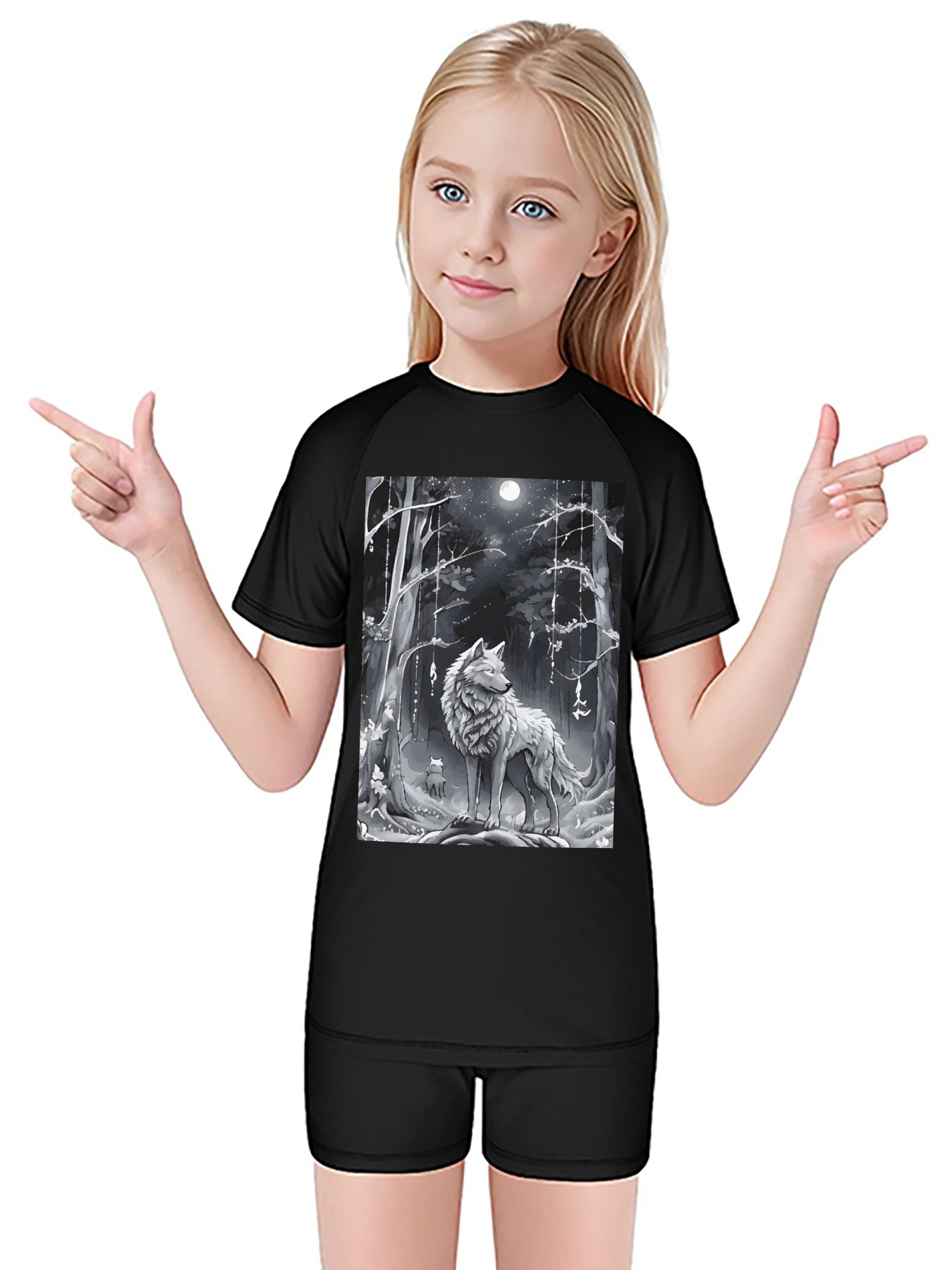 Ethereal Wolf in the Moonlight Short Sleeve 2-piece Swimsuit for Children (Front Printing)