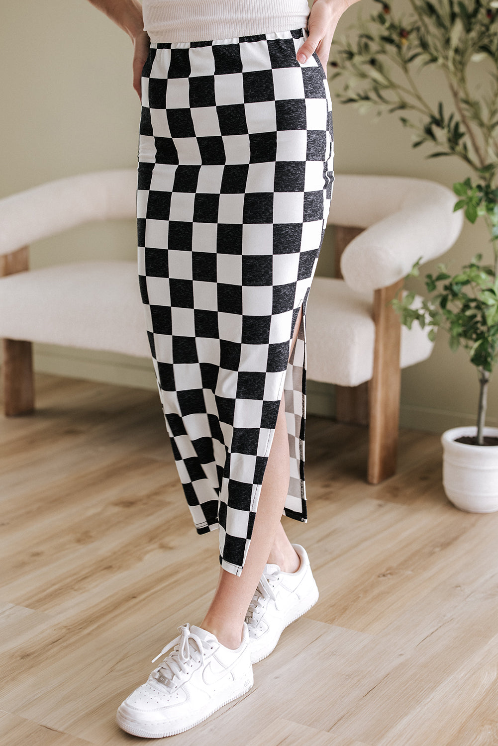 Women's Black & White Checkered Side Slit High Waist Midi Skirt