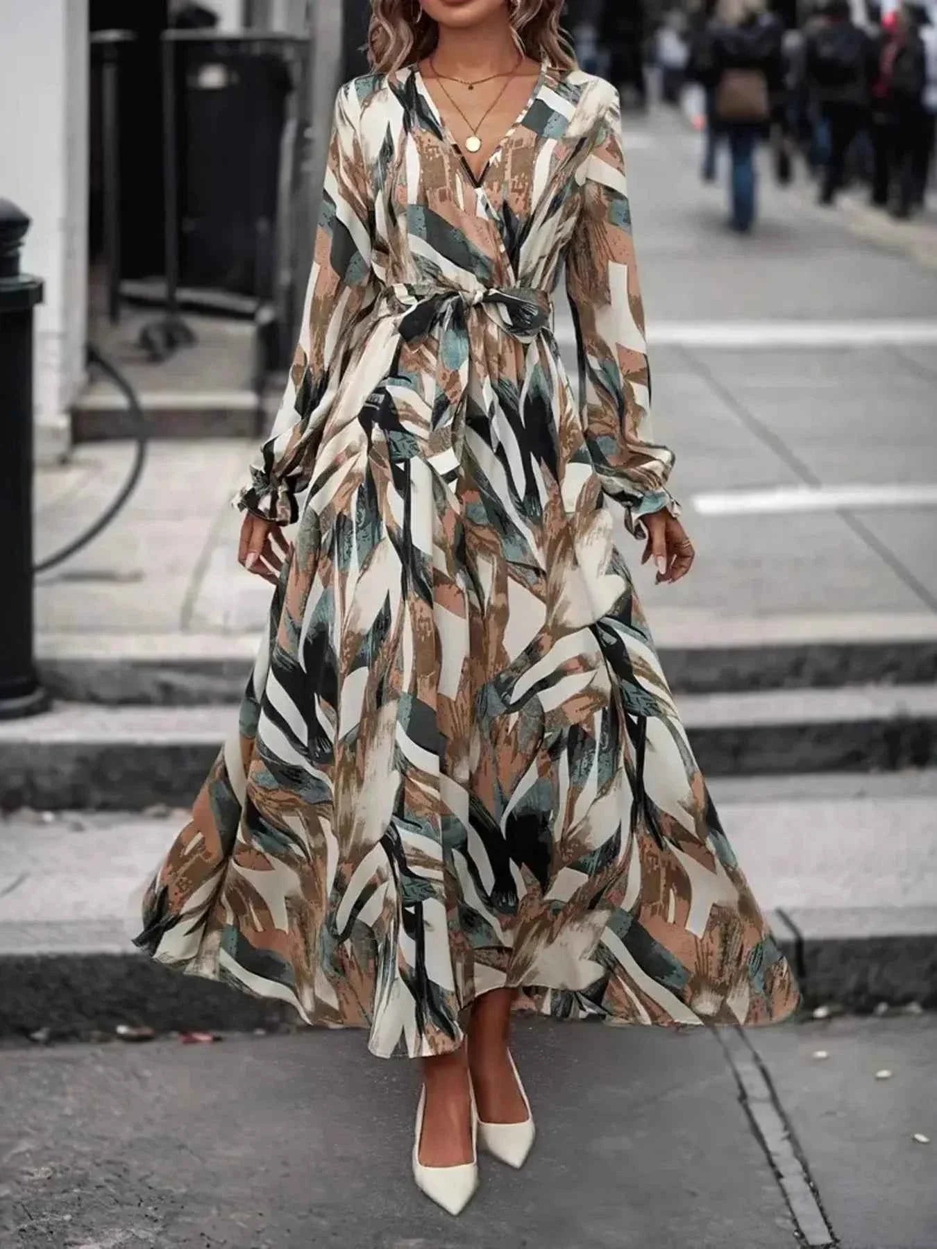 Printed Surplice Belted Flounce Long Sleeve Maxi Dress