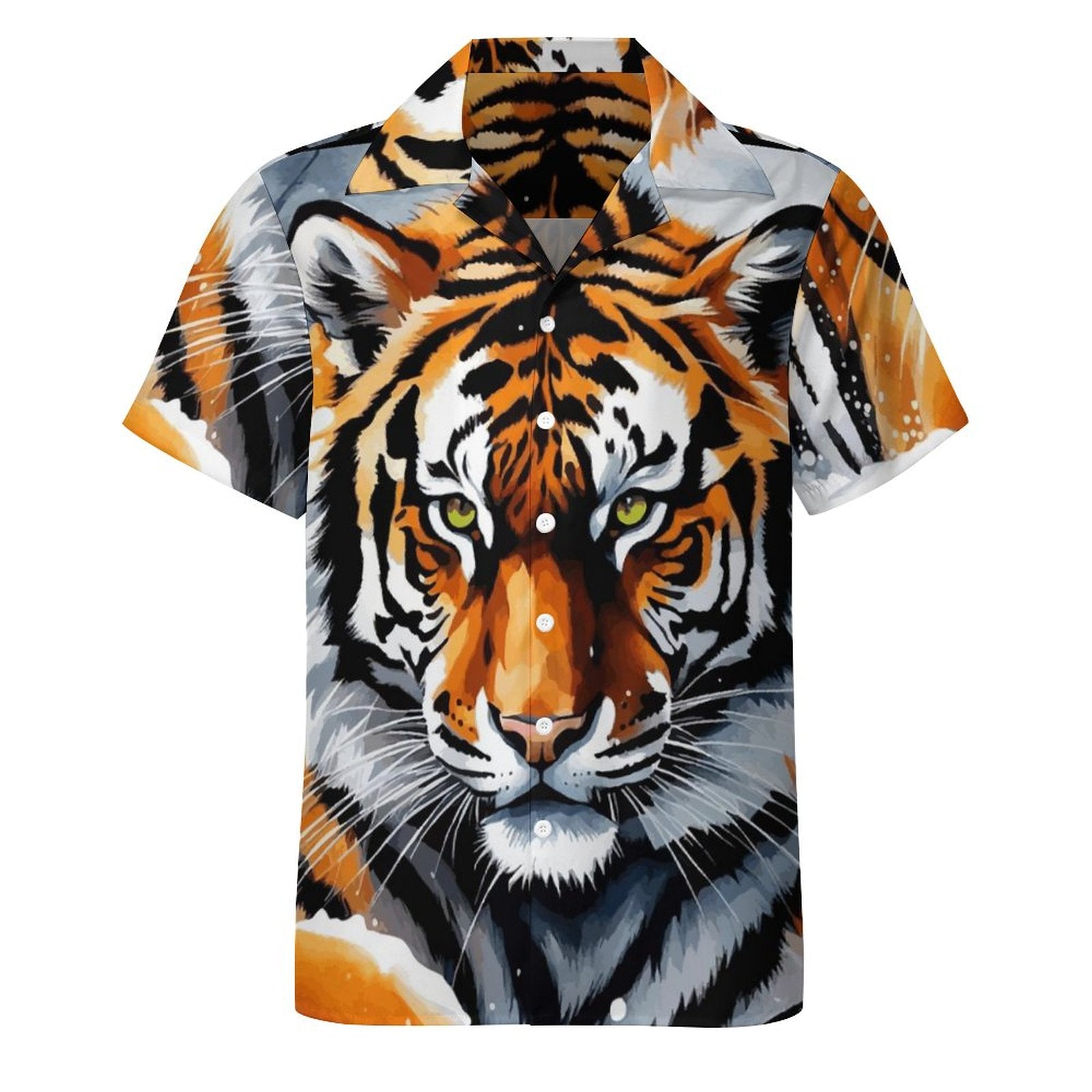 Men's Tiger Short Sleeve Hawaiian Print Shirt with Cuban Collar