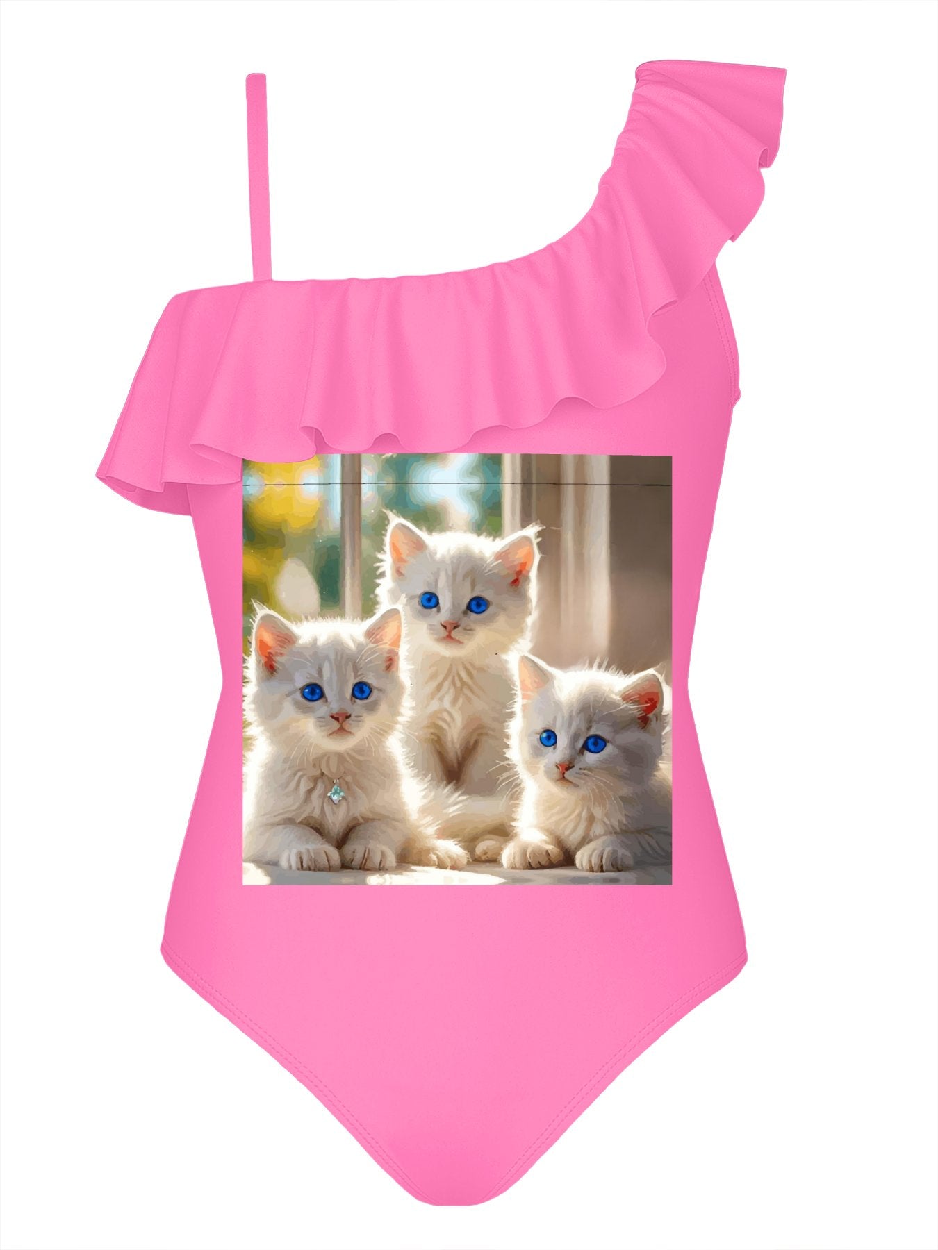 Fluffy White Kittens with Blue Eyes Girls' Ruffled One-Piece Swimsuit (Front Printing)