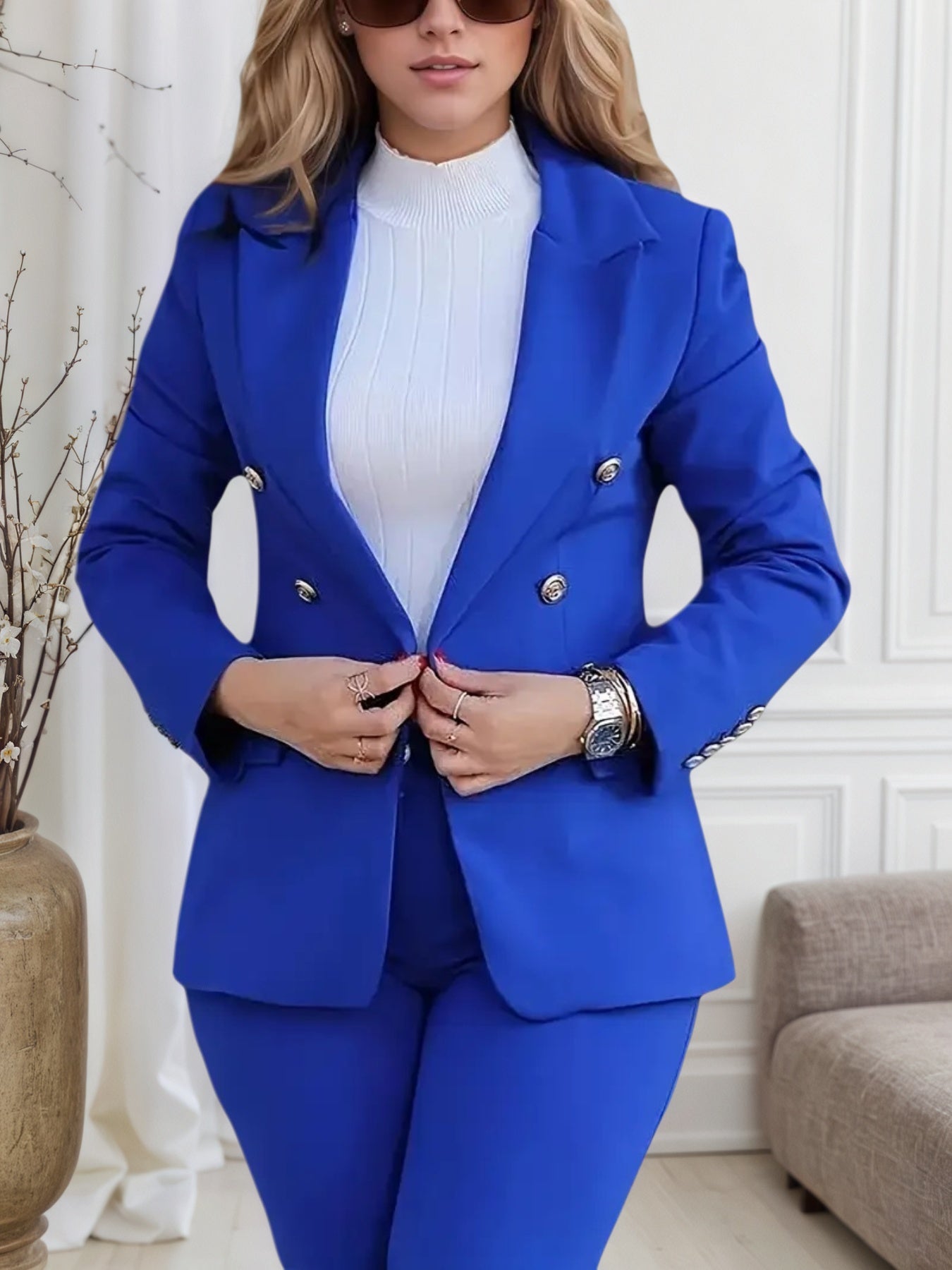 Women’s Quality Solid Color Slim Fit Double Breasted Two-piece Jacket and Pants Set