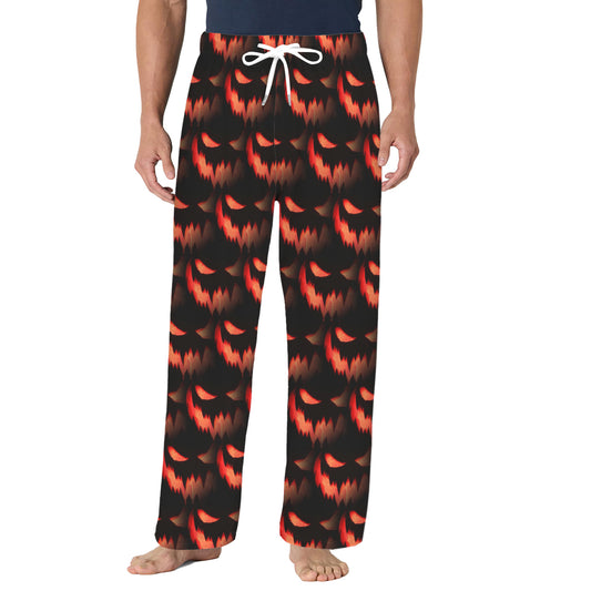 Orange Spooky Face Pattern Men's Drawstring Pajama Trousers Without Pockets