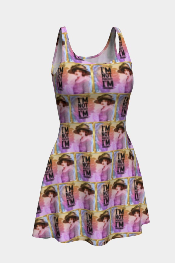 Dress with a pattern of a woman's face on a plain background