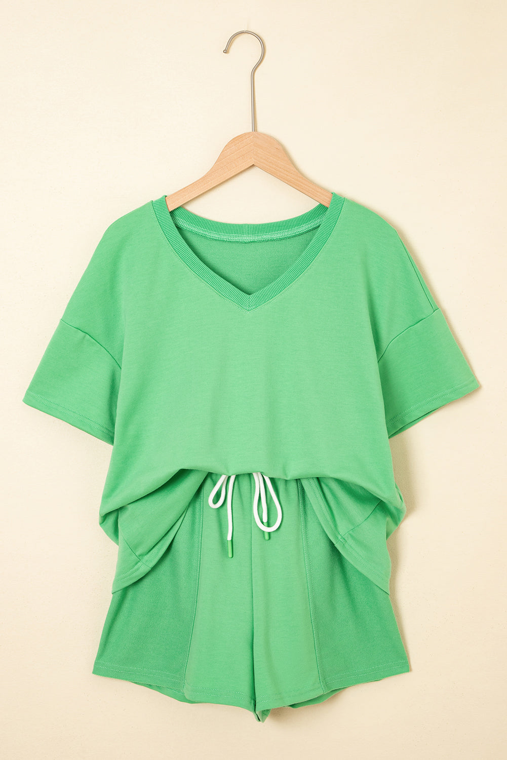 Bonbon V Neck Drop Shoulder Tee and Patchwork Shorts Set