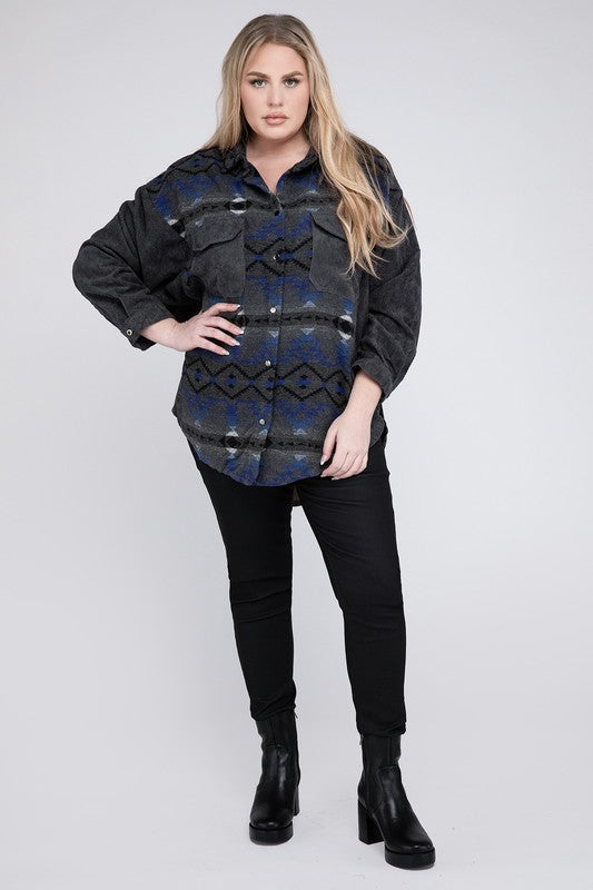 Women's Plus Size Printed Button Down Long Sleeve Jacket