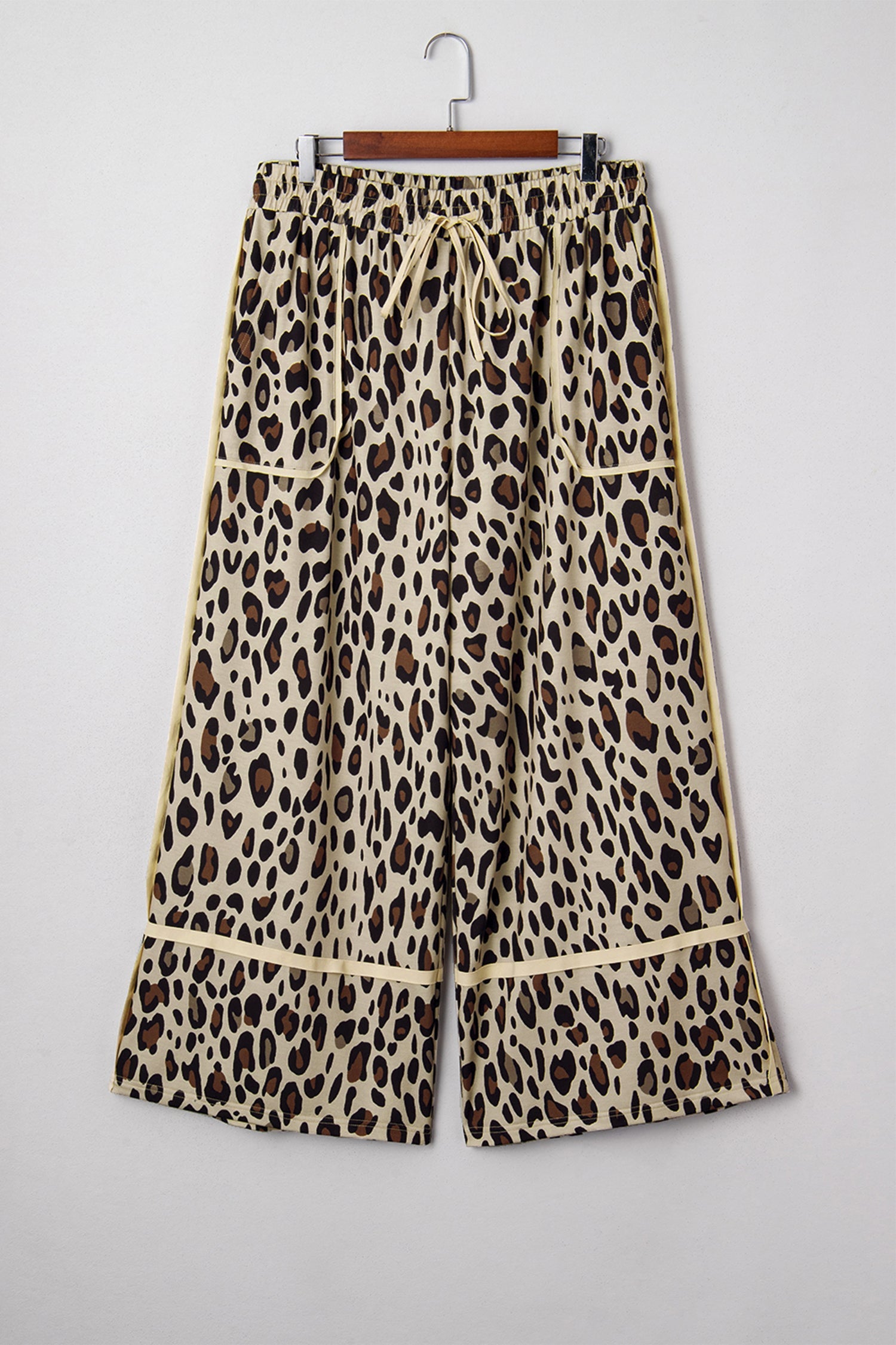 Khaki Exposed Seam Patched Pocket Plus Size Drawstring Leopard Wide Leg Pants