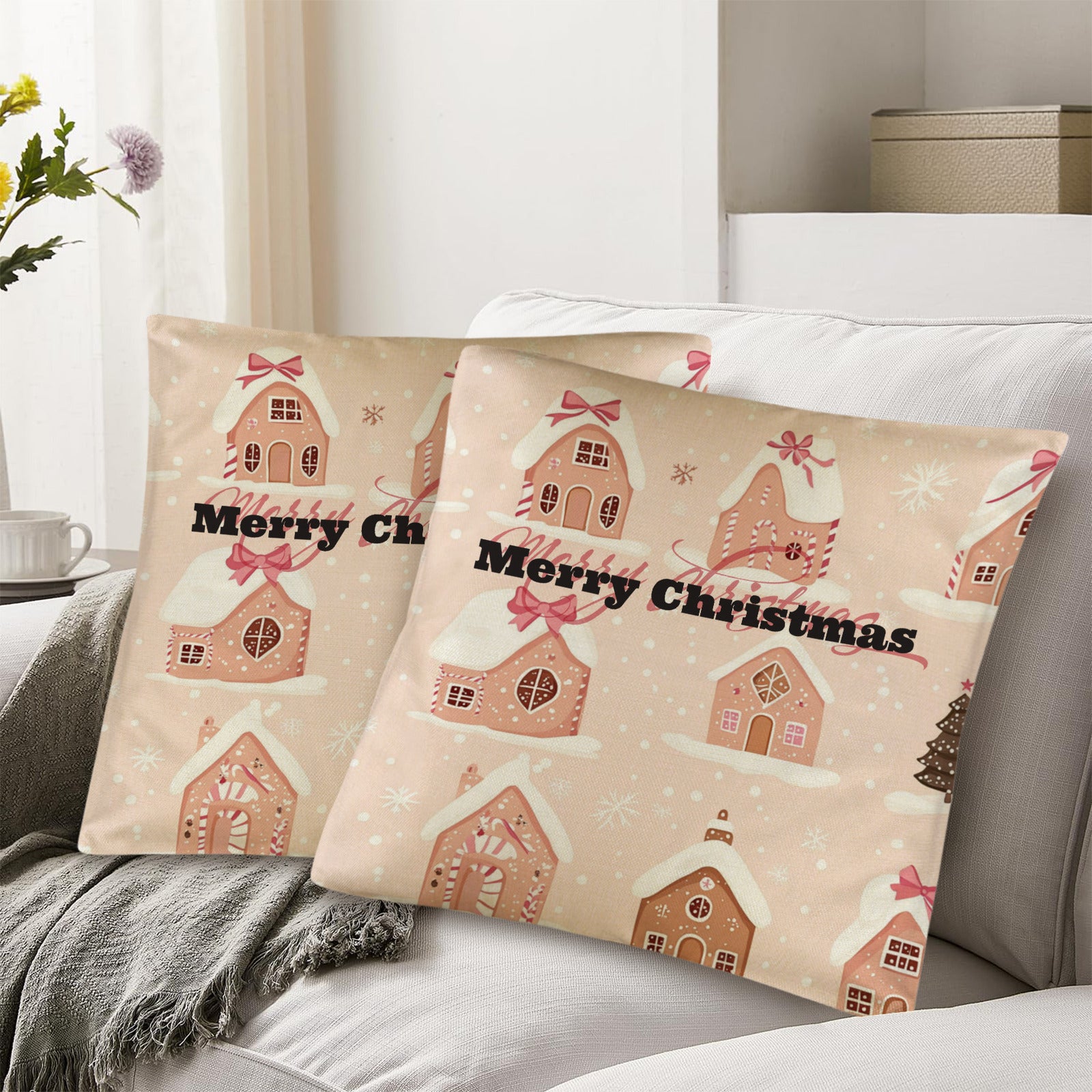 Pink Merry Christmas Pillow Cases Custom Pillow Case 18x18inch (One Side Printing)(Pack of 2)(Made in USA)
