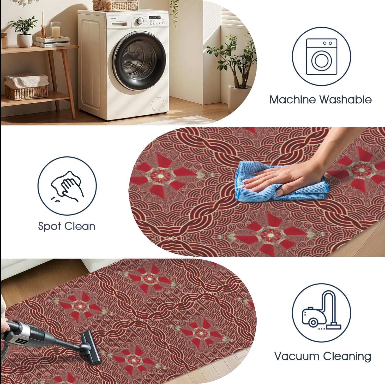 Cleaning process of a red floral-patterned rug with washing, spot cleaning, and vacuum cleaning icons.