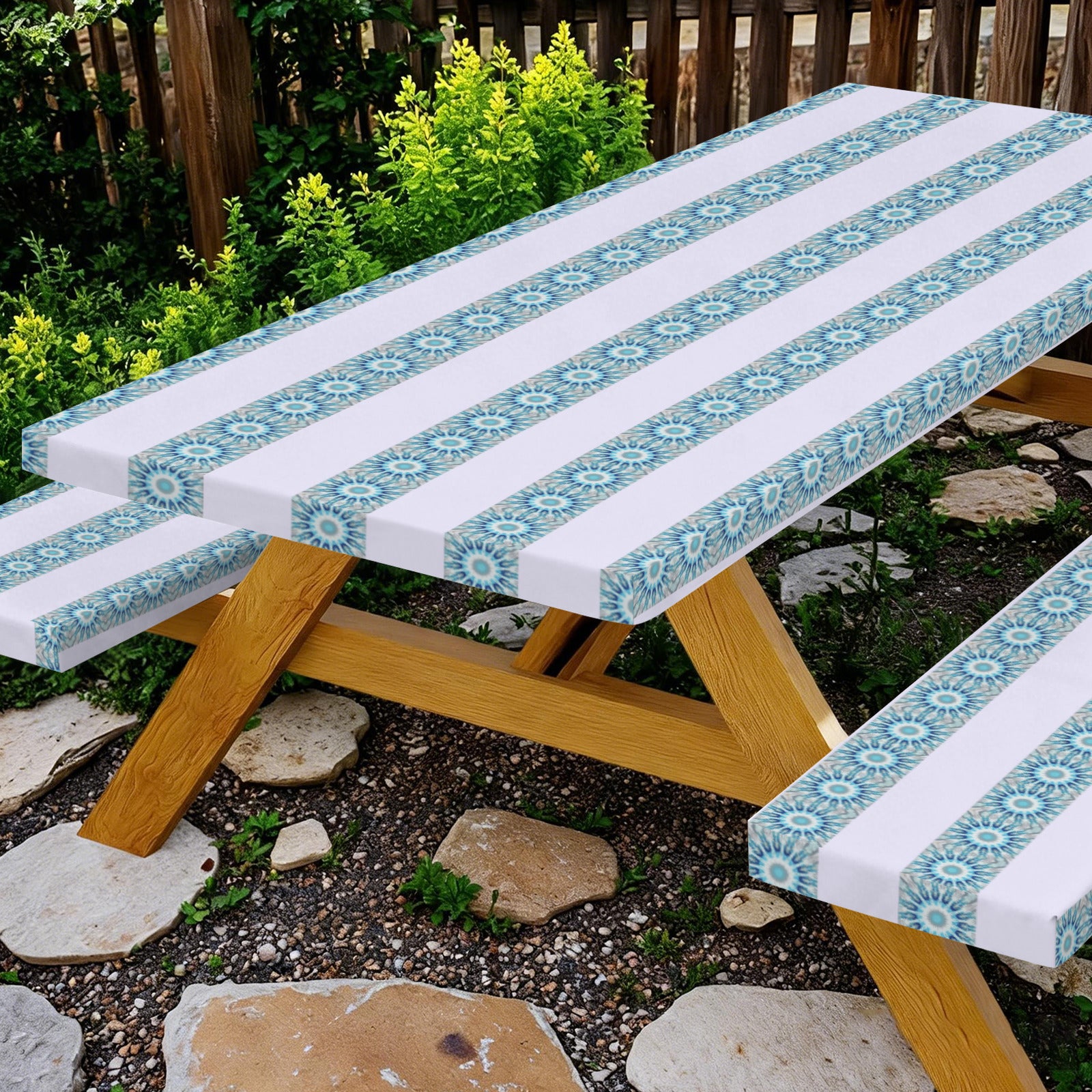 Green and White Stripes Picnic Table & Bench Covers Set 60