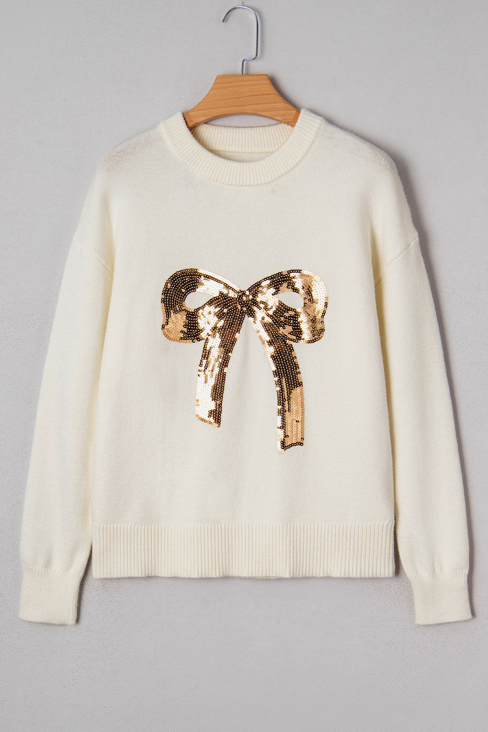 Christmas Sequin Bow Ribbed Trim Sweater