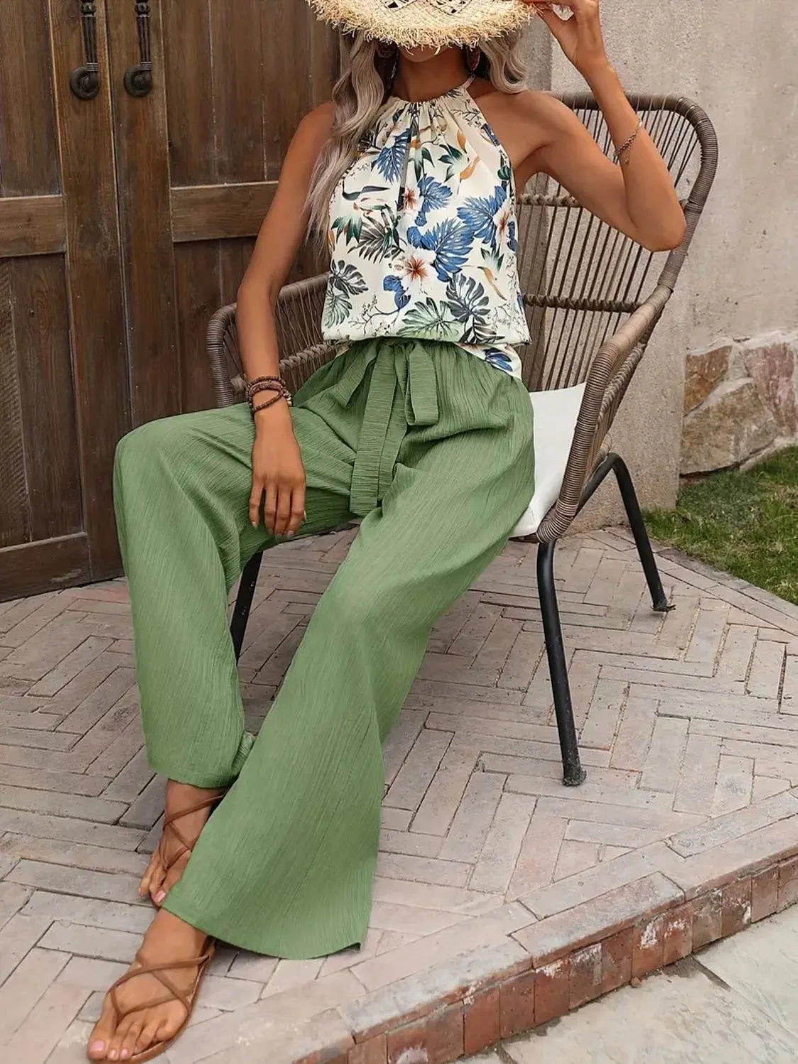 Women's Printed Tank Top and Wide Leg Pants Set Outfit