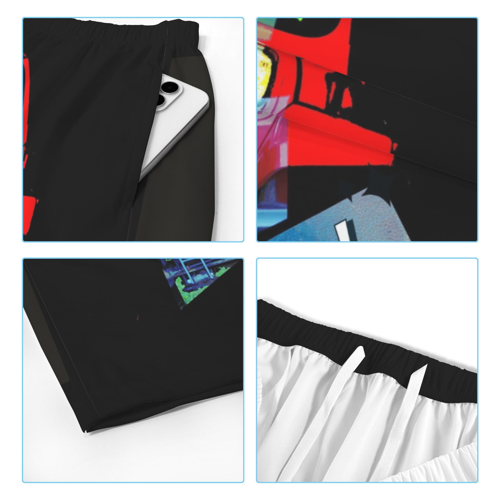 Collage of a black and white outfit with colorful accents, including a close-up of the fabric texture.
