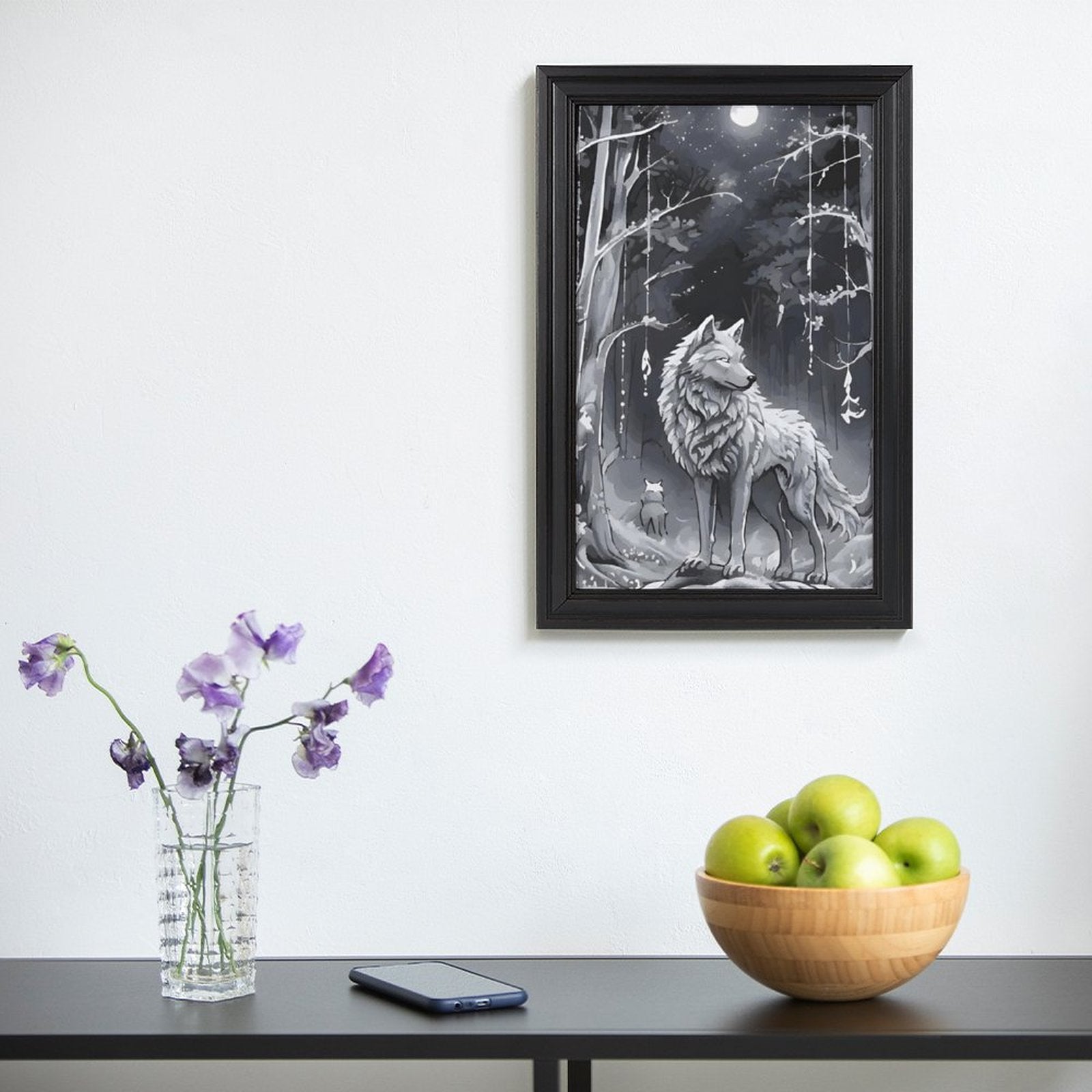 Ethereal Wolf in the Moonlight Framed Vertical Canvas Wall Art Print - 16