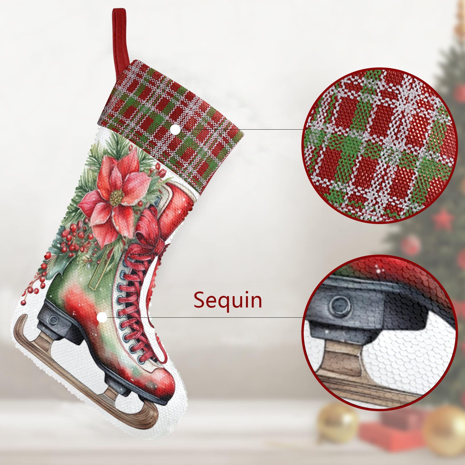 Christmas Ice Skate Sequin Christmas Stocking (Made in USA)