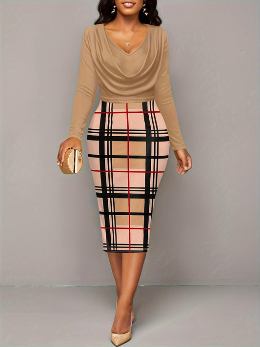 Women's Plus Size Plaid Long Sleeve Knee Length Dress