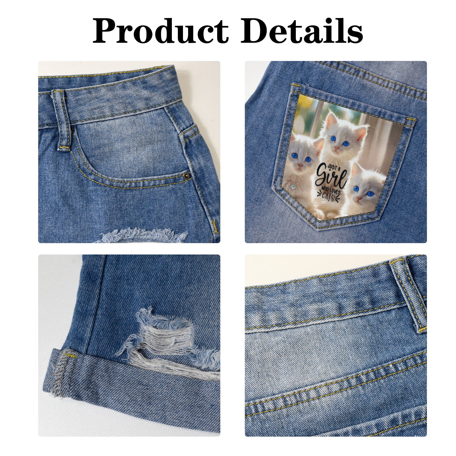 Just a Girl Who Loves Cats Light Blue Denim Shorts with Dual Pockets Design