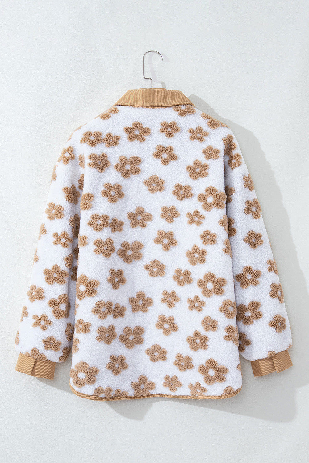 Beige Floral Button-Up Fleece Pocketed Jacket