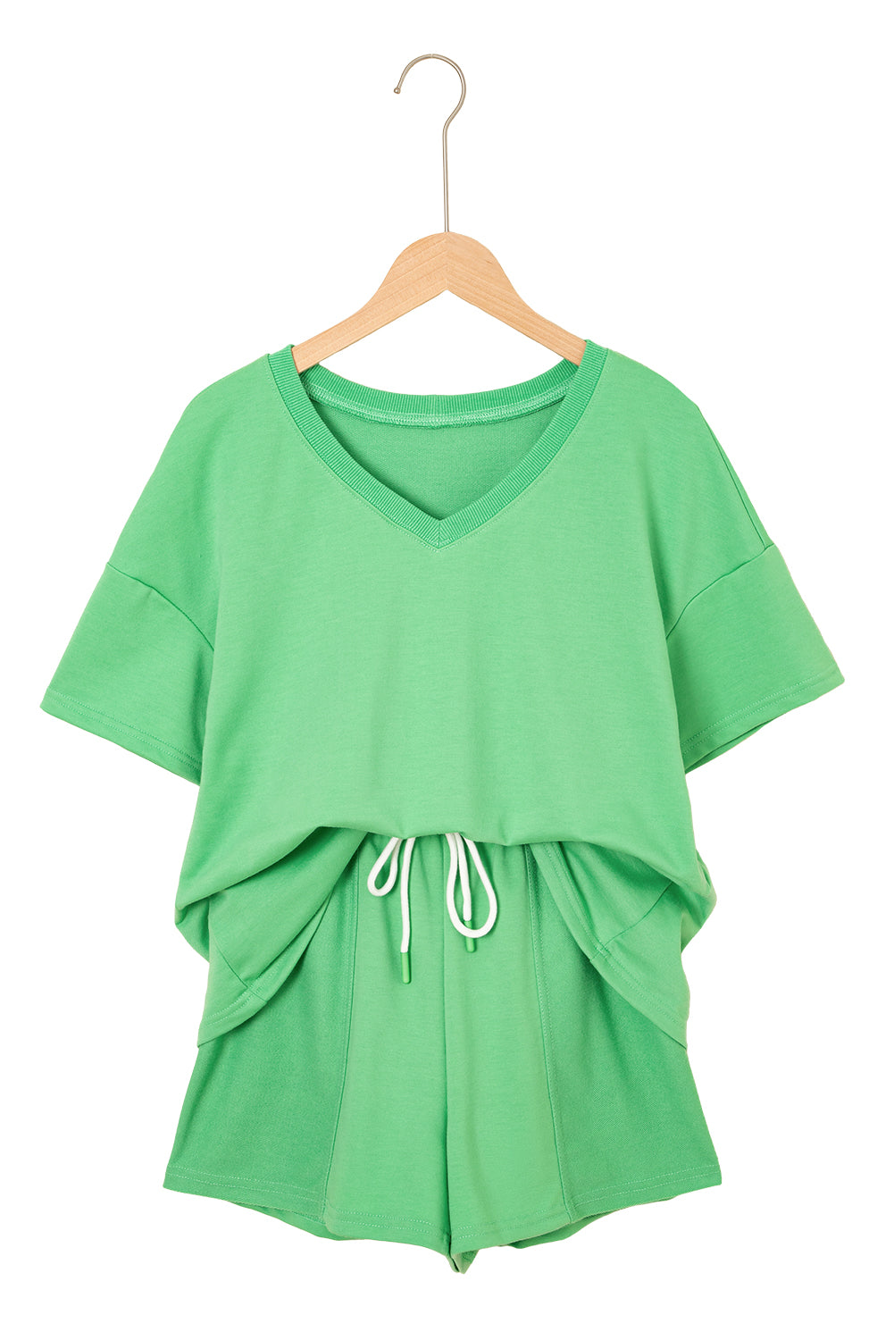 Bonbon V Neck Drop Shoulder Tee and Patchwork Shorts Set