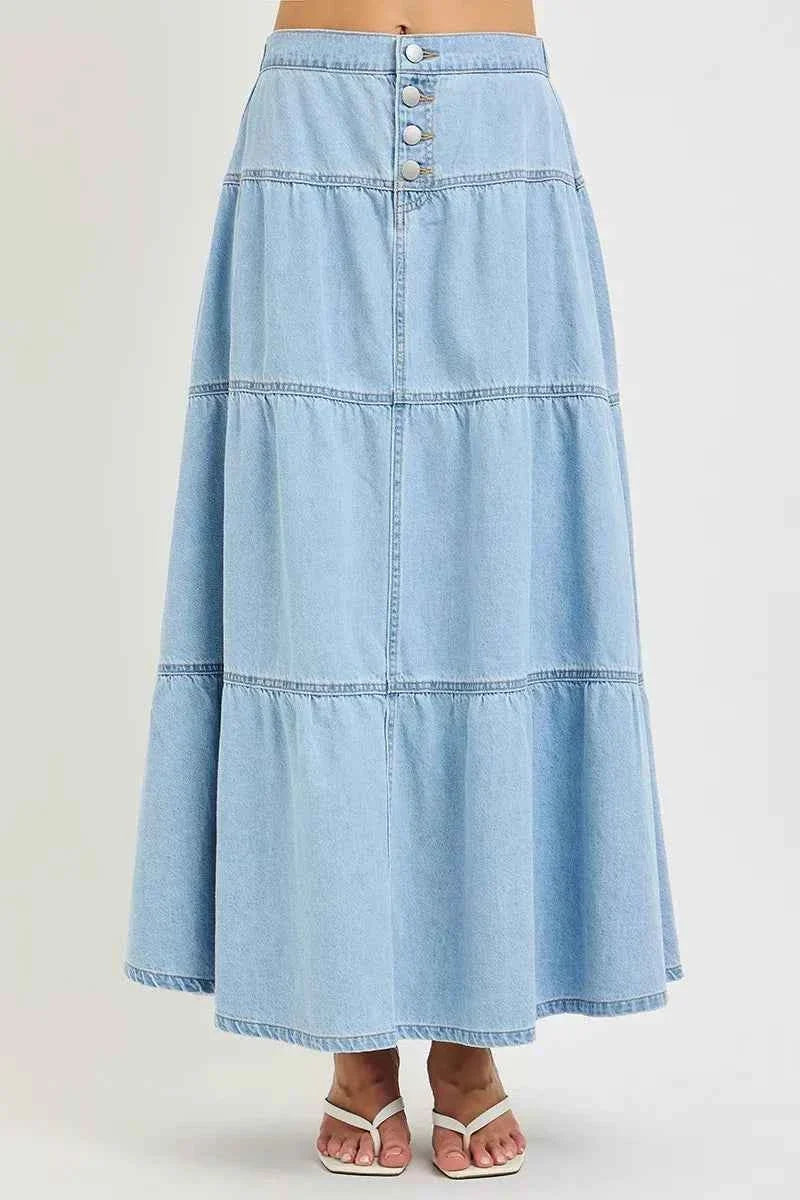 Light Wash High Rise Ruffle Tiered Button Front Maxi Skirt by Risen