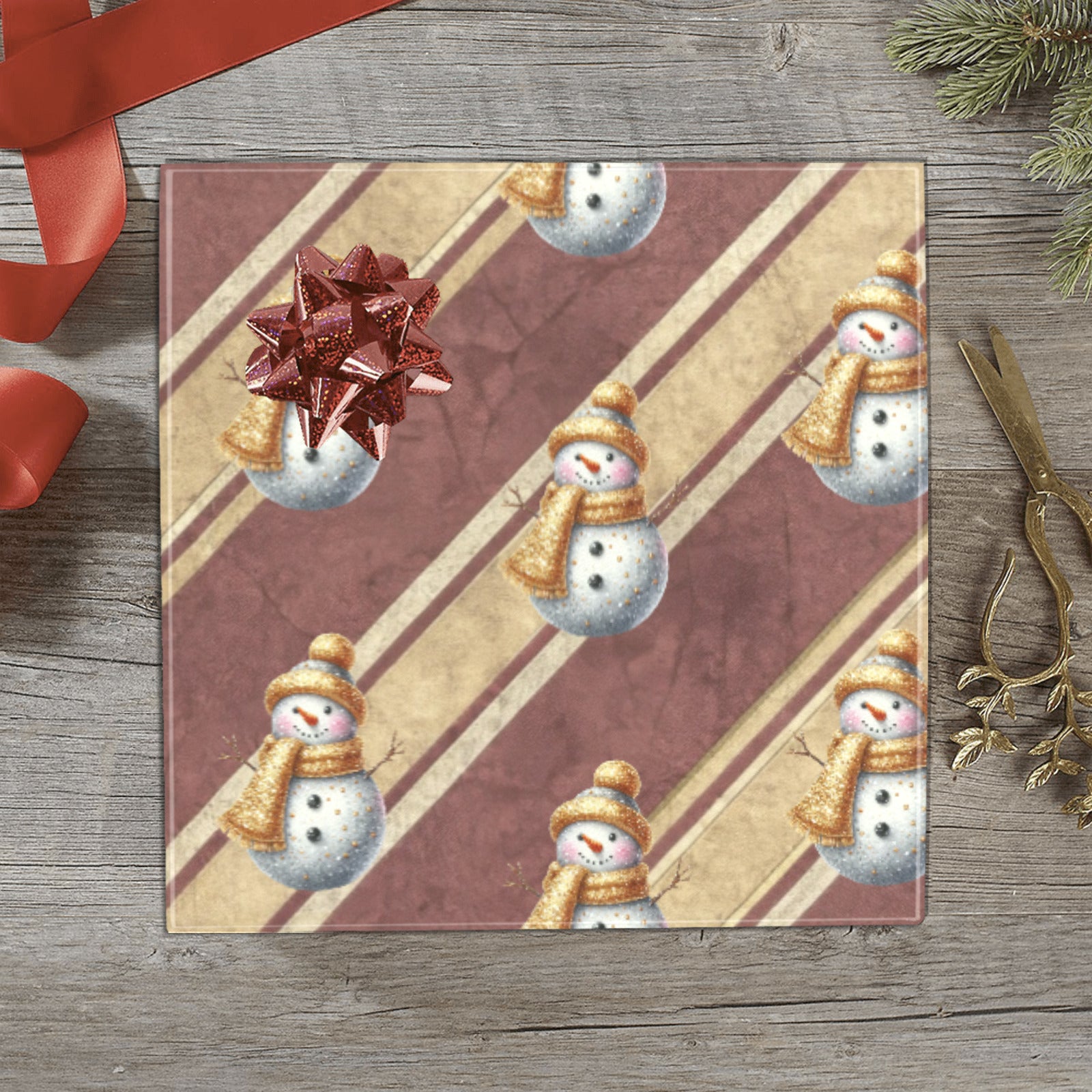 Red Stripes Gold Snowman 2 Rolls Custom Gift Wrapping Paper - 58