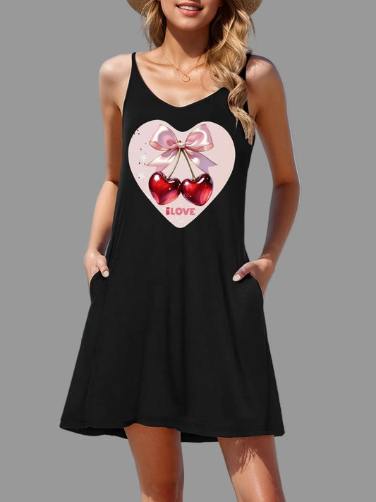 Red Cherries in Pink Heart Women's Spaghetti Strap Night Dress (Made in USA)