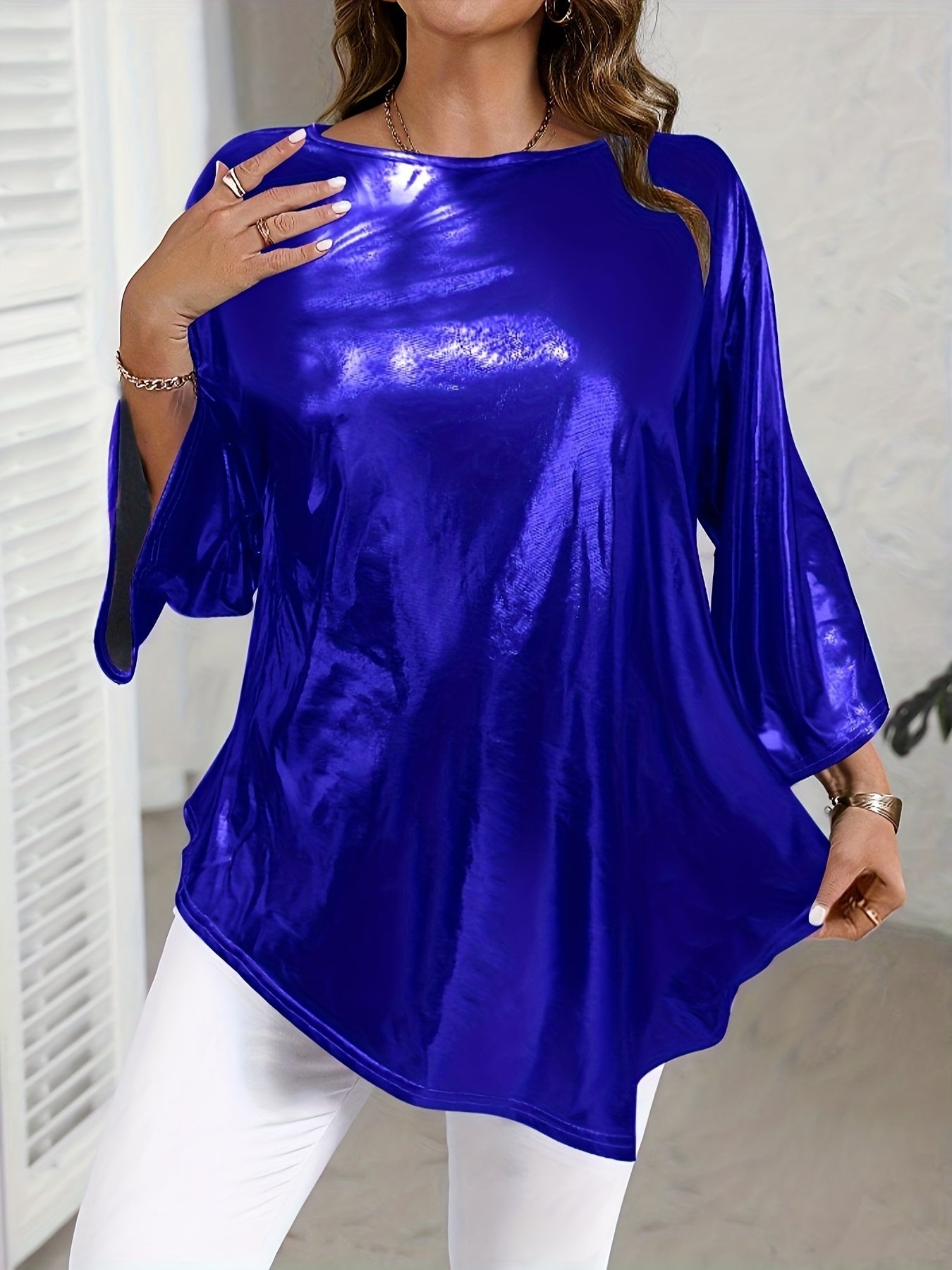 Metallic Asymmetrical 3/4 Sleeve Trendy Plus Size Top