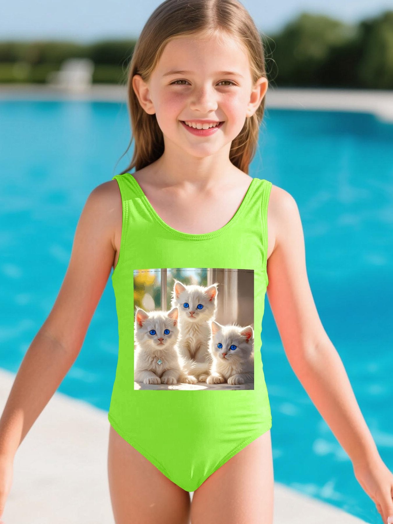 Fluffy White Kittens with Blue Eyes Girls' Summer One-Piece Swimsuit (Front Printing)