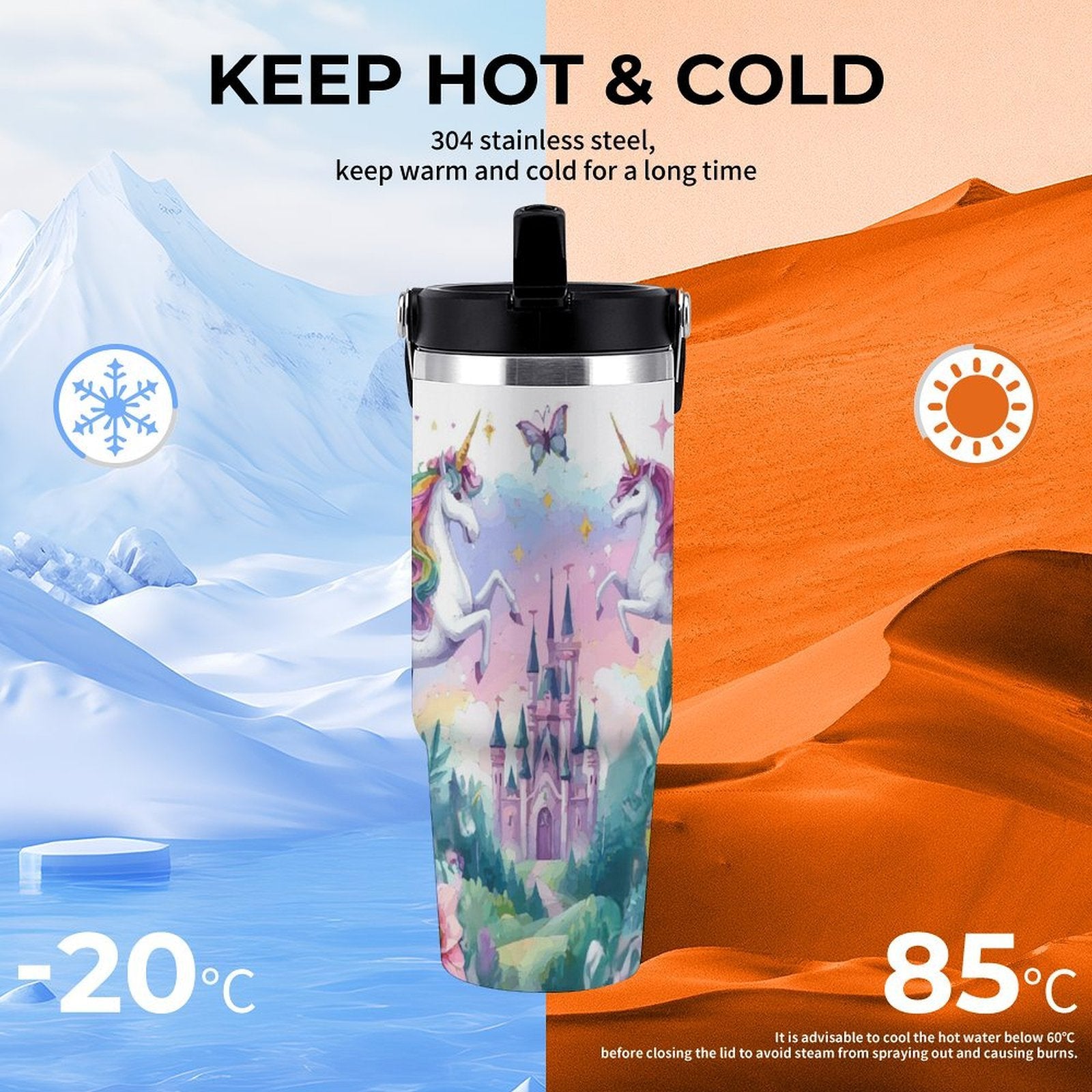 Purple Unicorn and Castle 30 oz Water Bottle