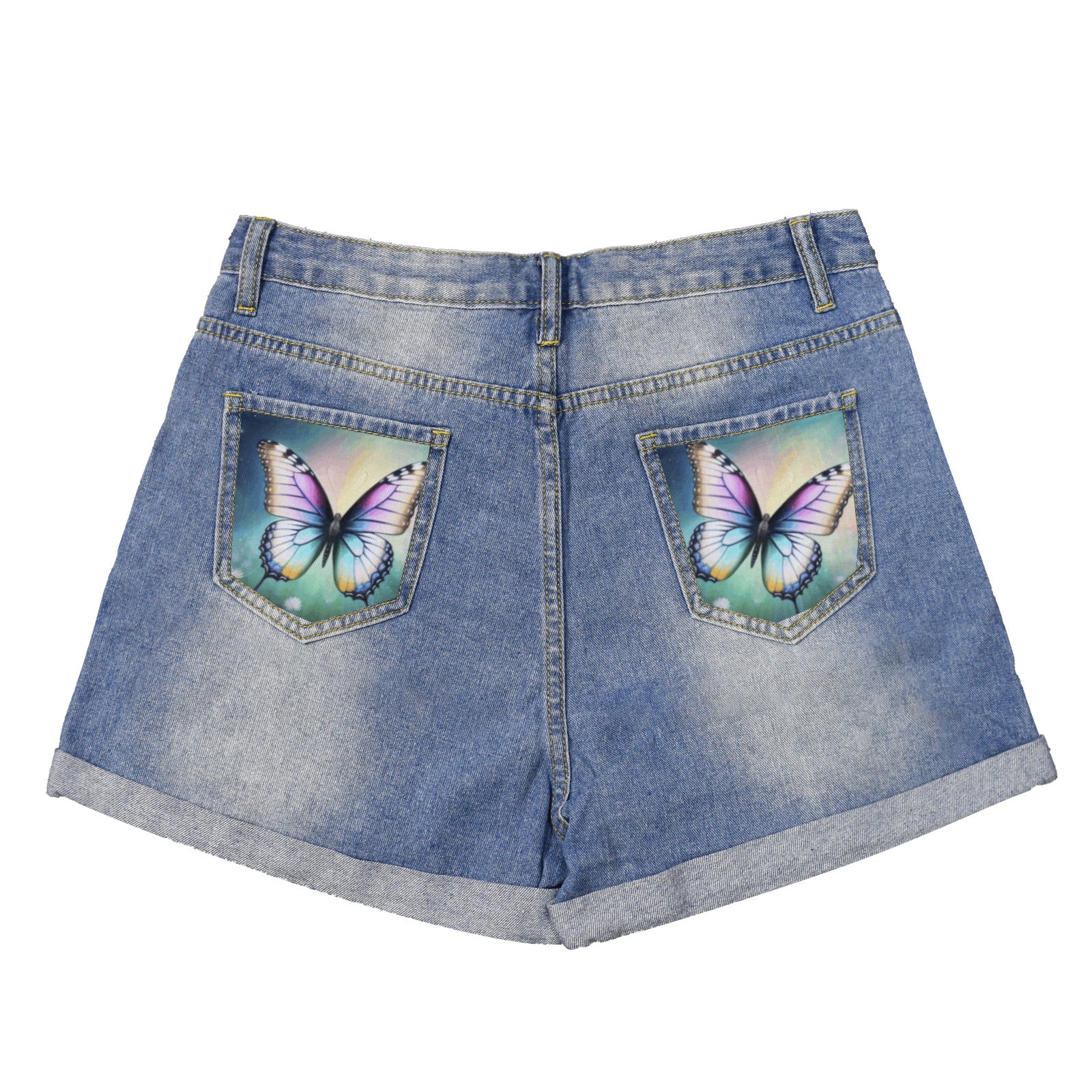Beautiful Butterfly Light Blue Denim Shorts with Dual Pockets Design