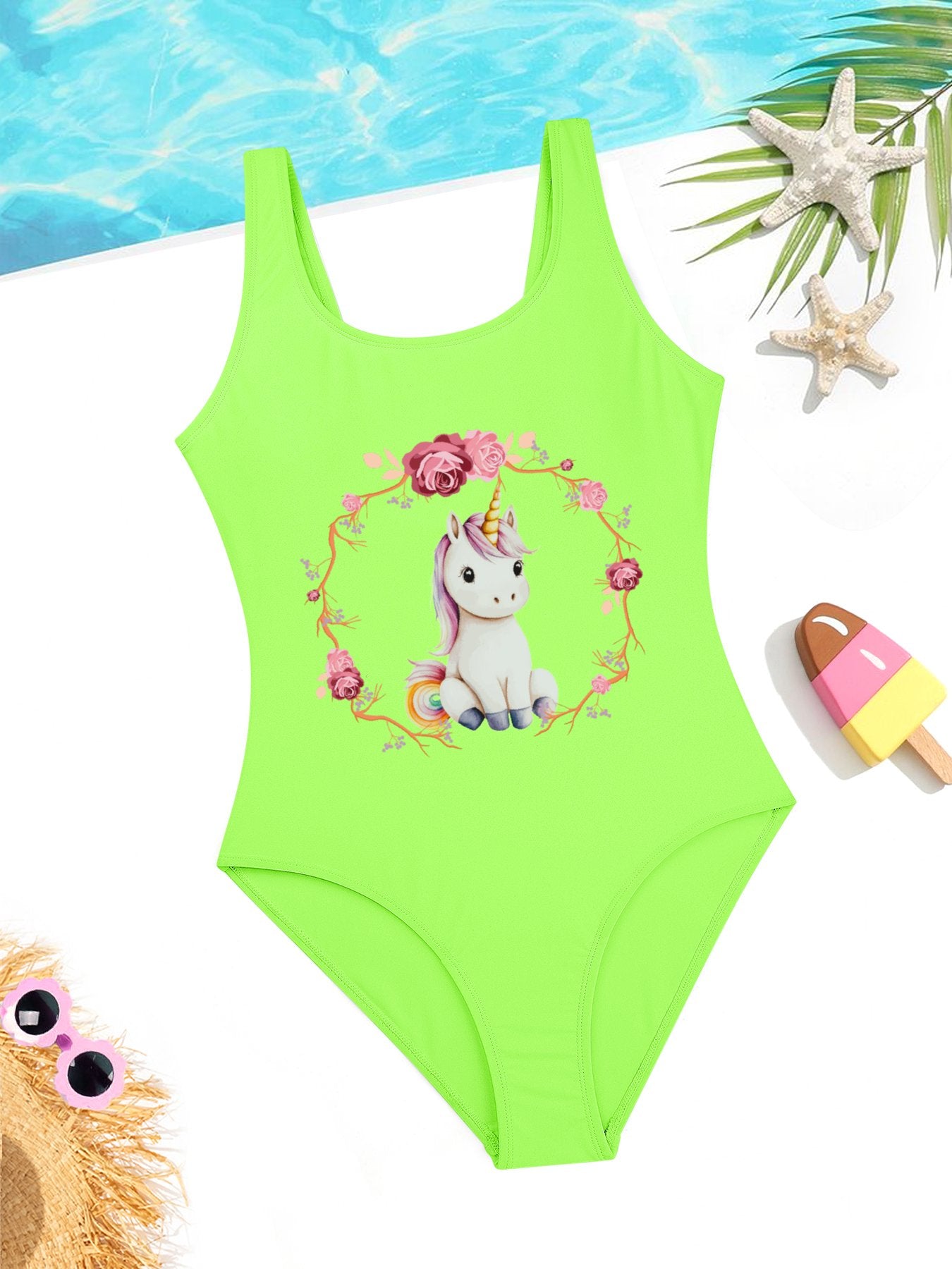 Baby Unicorn with Pink Roses Girls' Summer One-Piece Swimsuit (Front Printing)