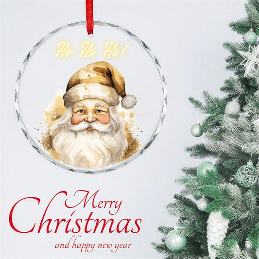 Ho Ho Ho! Golden Santa Claus Round Glass Christmas Ornament (Made in USA)