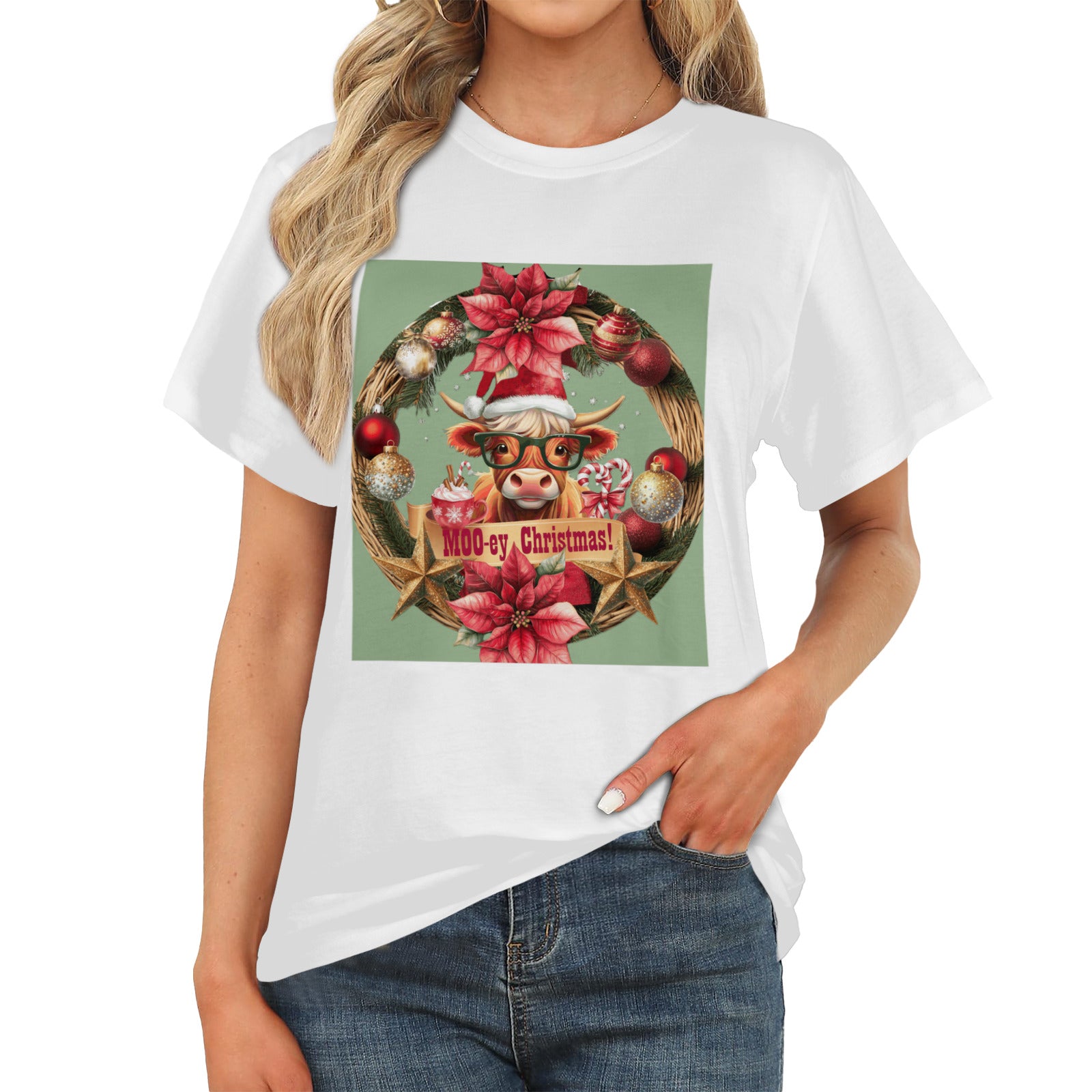 Moo-ey Christmas Classic Women's White T-Shirt (Made in USA)