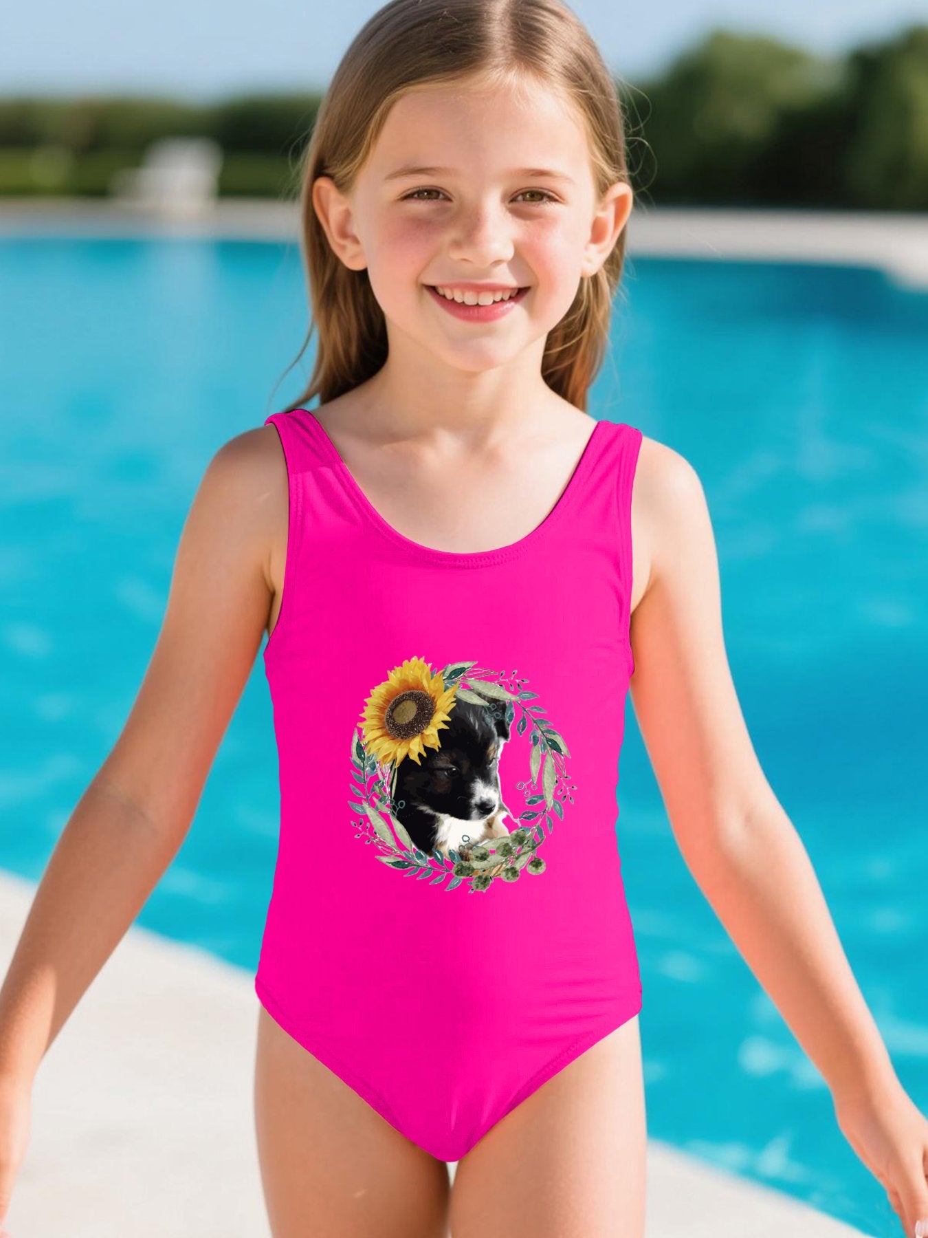 Cute Puppy Girls' Summer One-Piece Swimsuit (Front Printing)