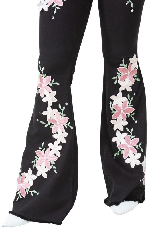 Women's Angela Bell Bottom Floral Jeans in Black